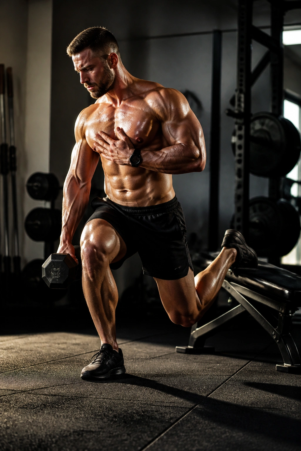 Person performing split squat with unilateral load in gym