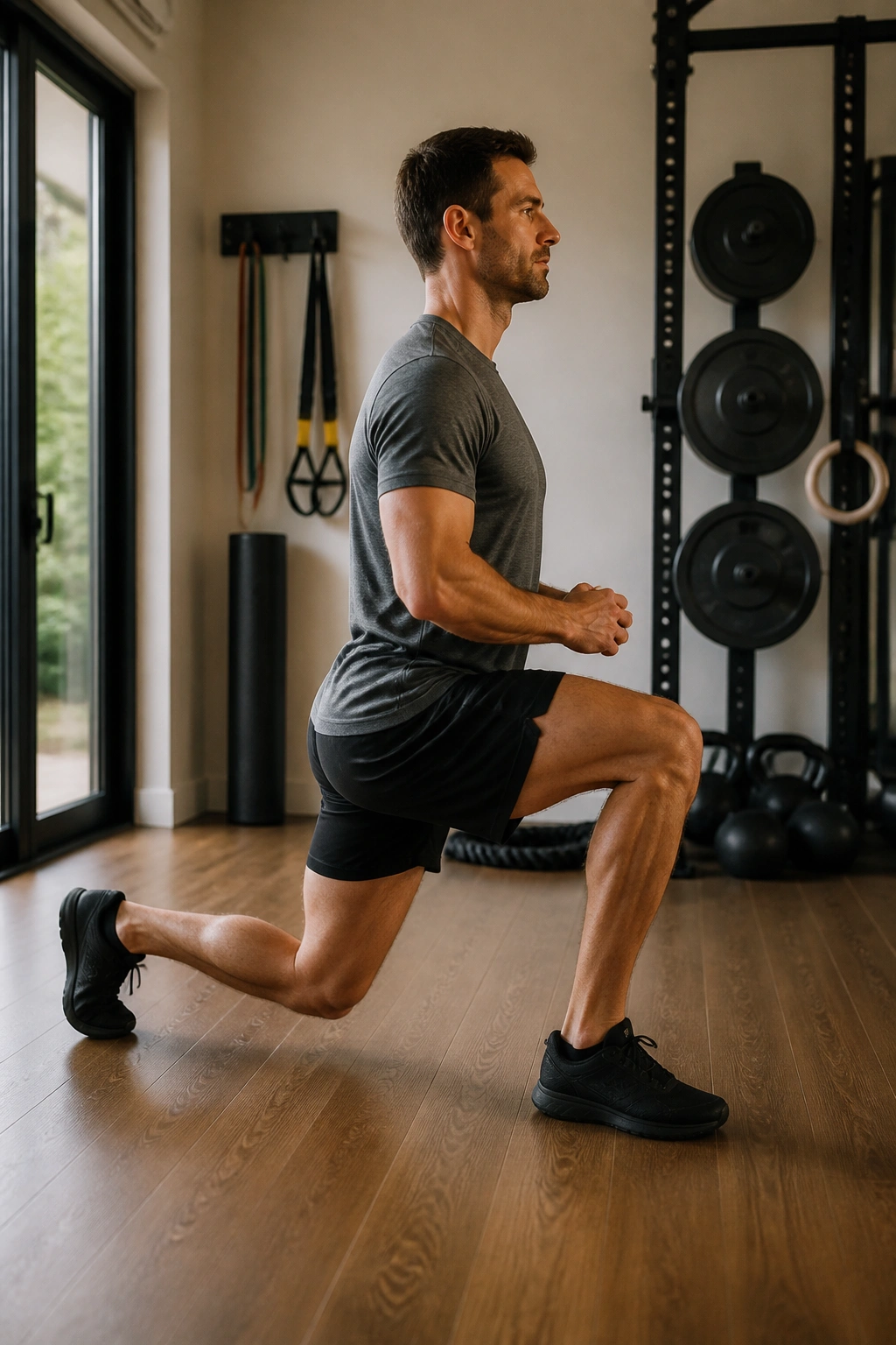 Side view of a person performing a reverse lunge