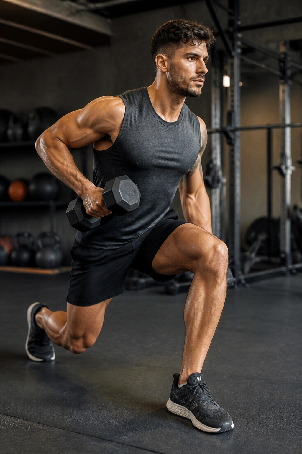 Lifters unilateral lunge with same-side row in a gym setting