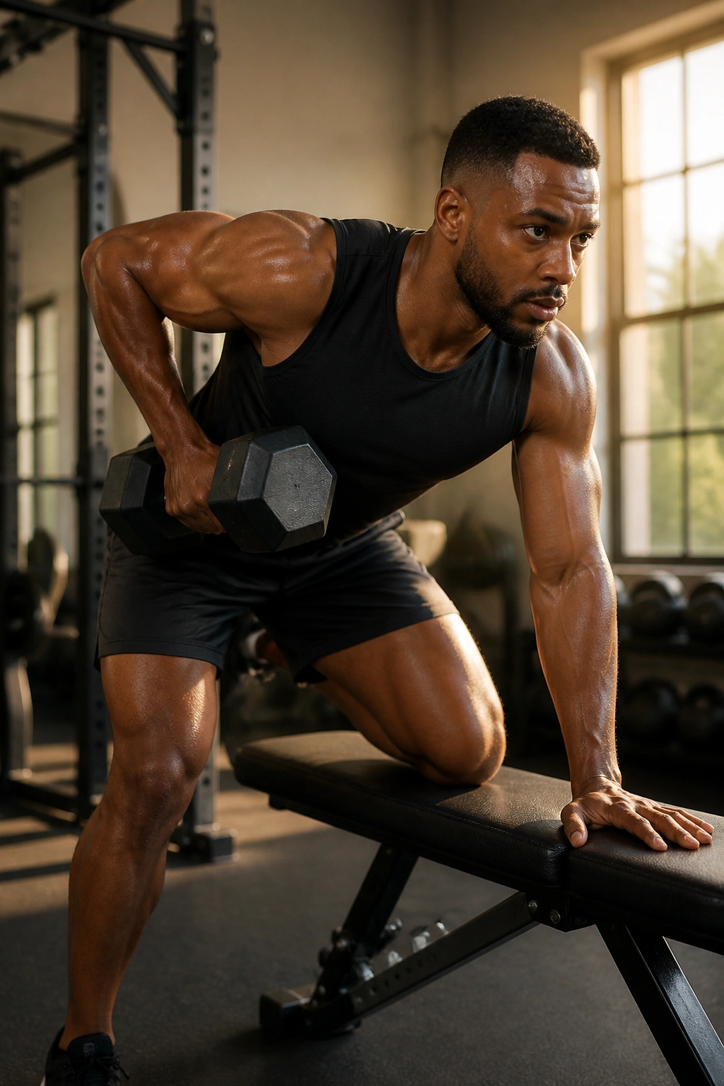 Real person performing a unilateral dumbbell row in a gym, emphasizing balance and core.
