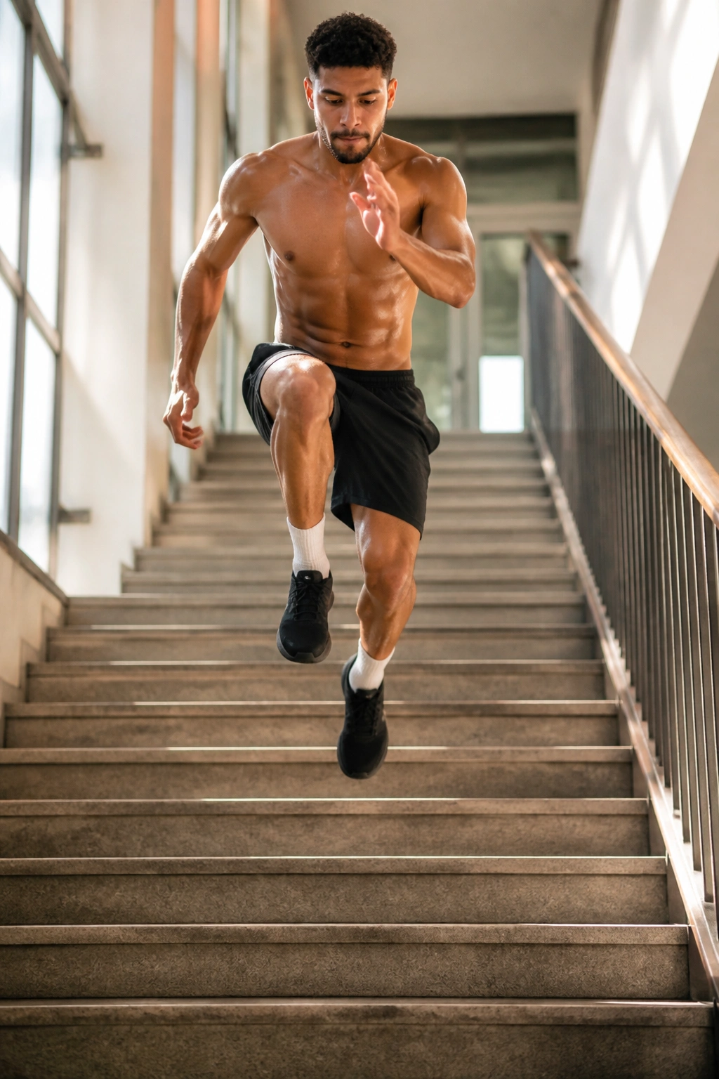 Real person performing one-legged jumps on stairs demonstrating balance and power