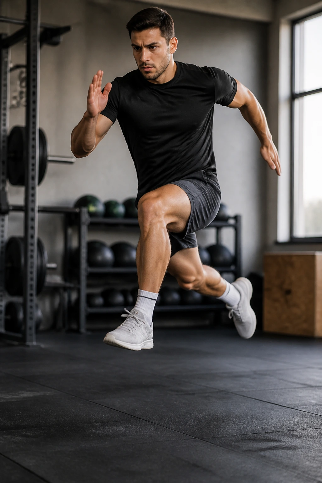 Athlete performing unilateral split squat jump mid-air in a gym