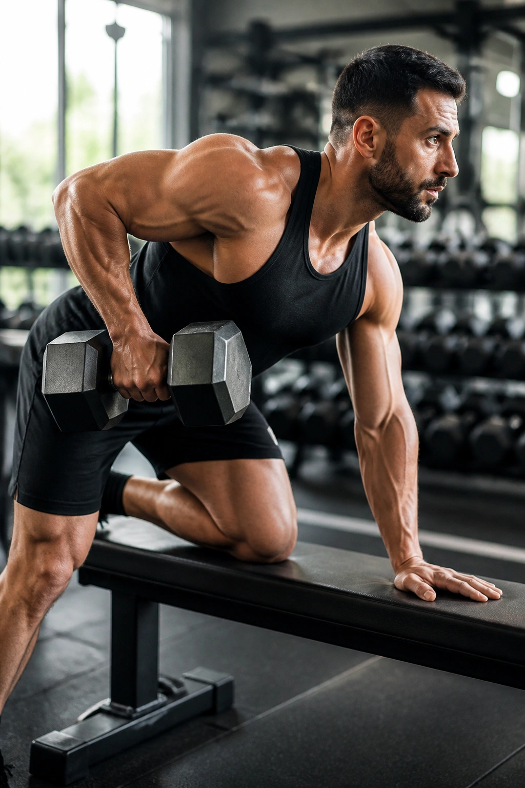 Real person performing unilateral dumbbell exercise in gym