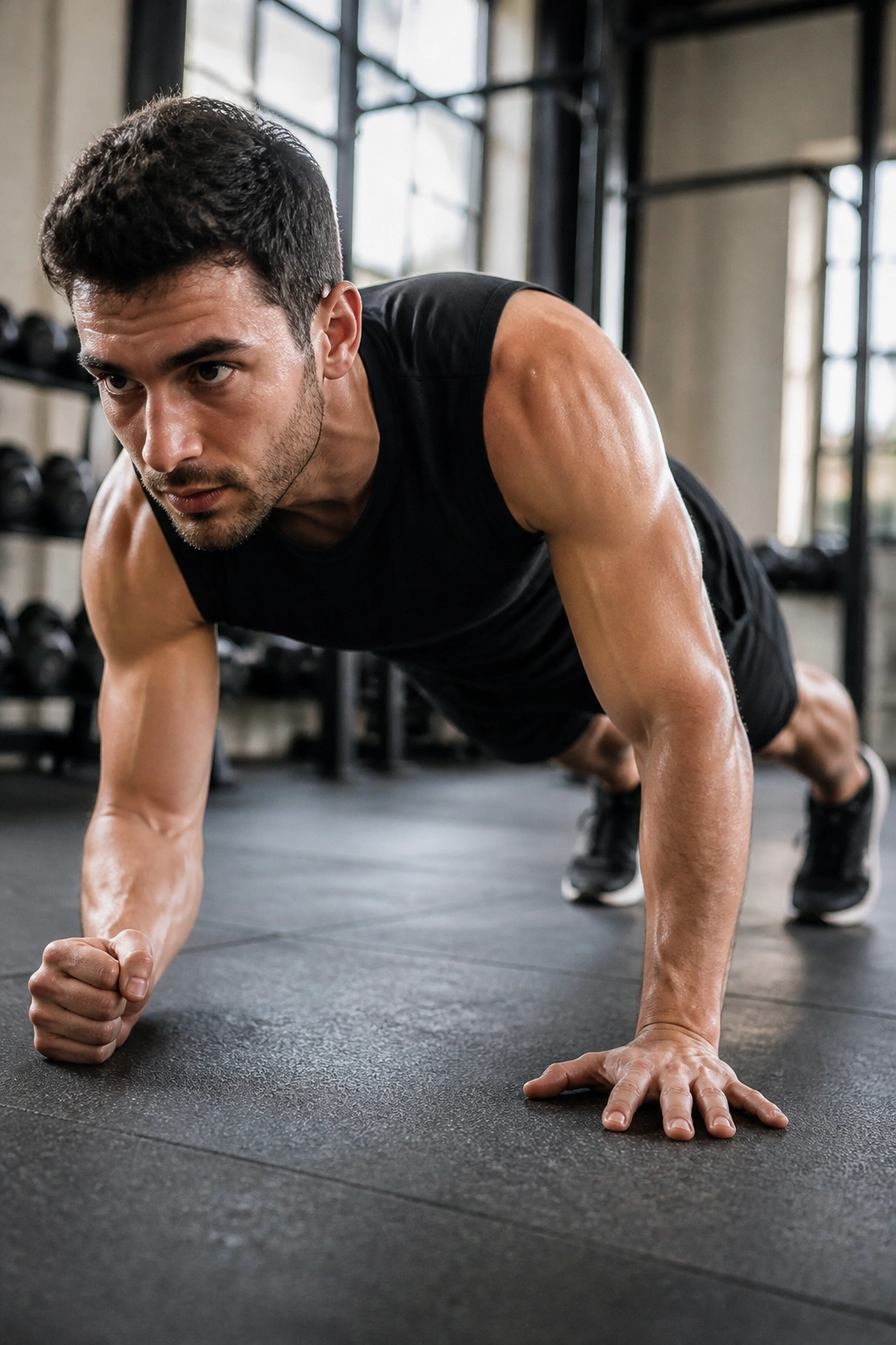 Close-up of a real person transitioning from forearm to high plank during an up-down plank