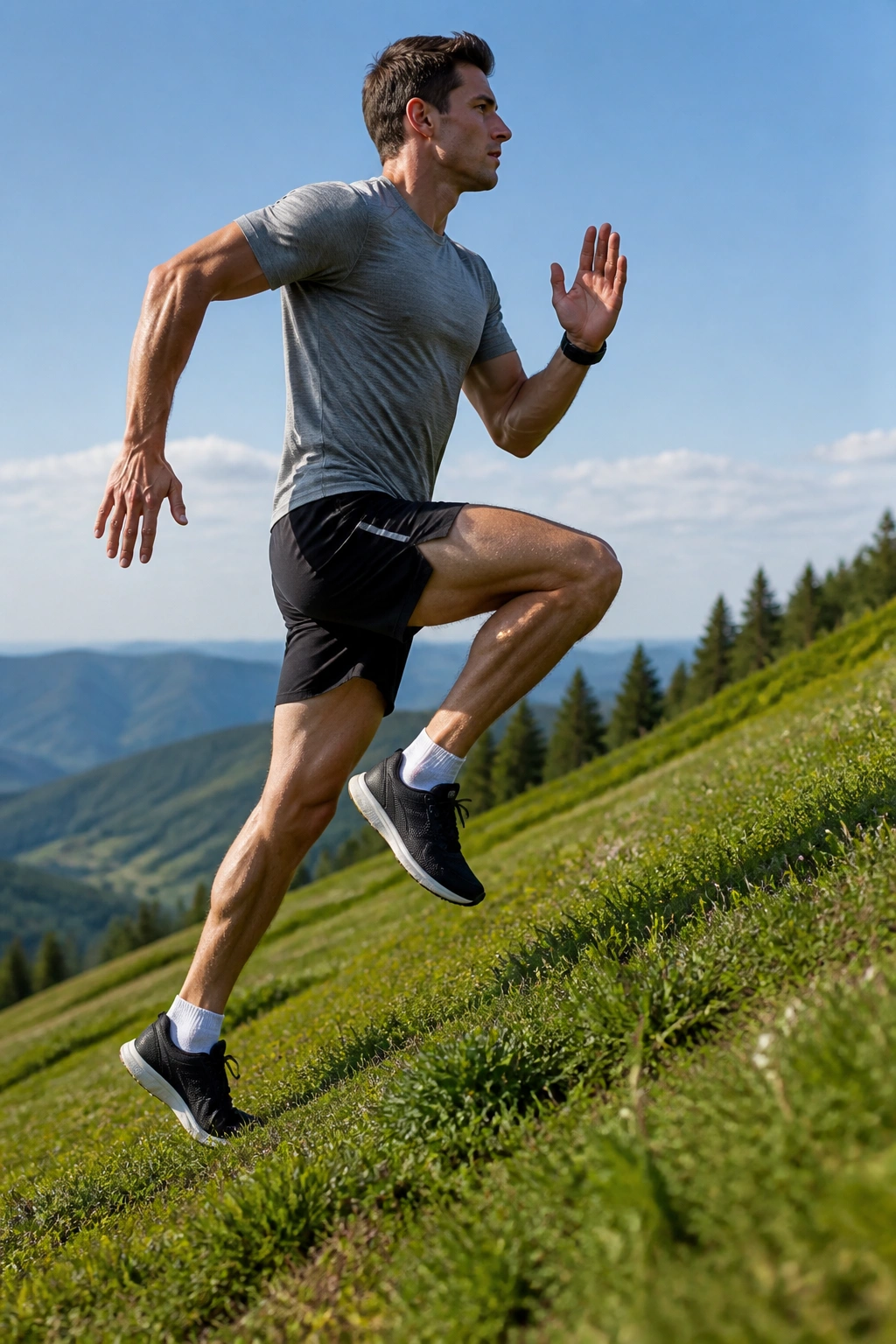 Runners performing uphill bounding with high knee drive on a slope