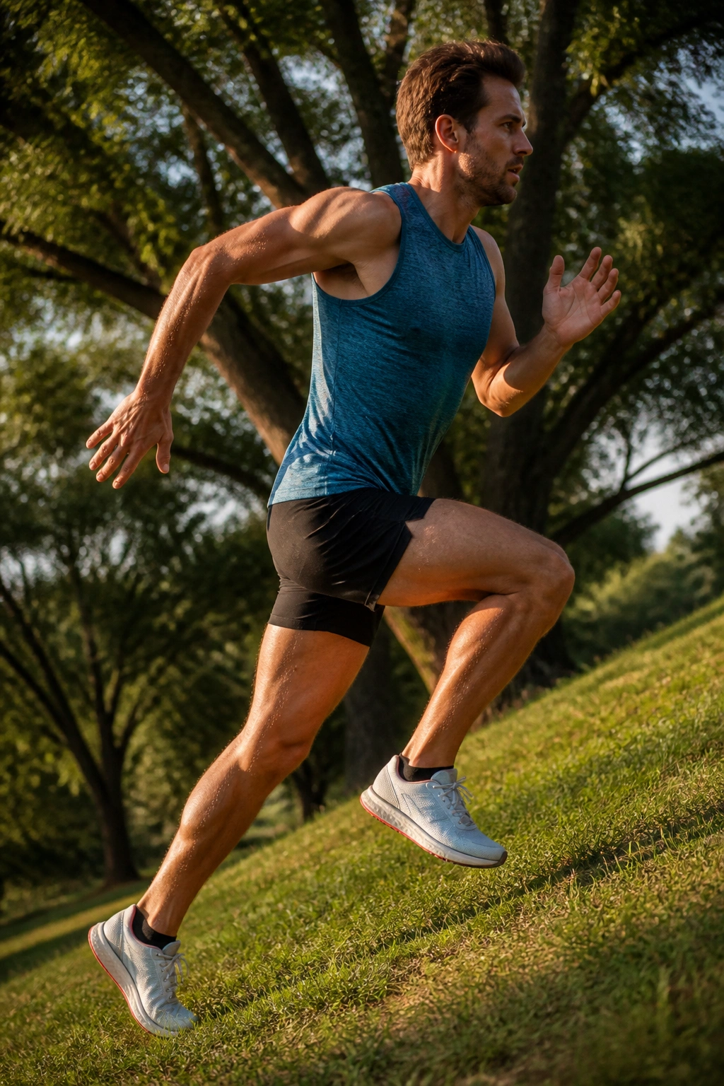 Runner performing fast uphill strides after an easy run