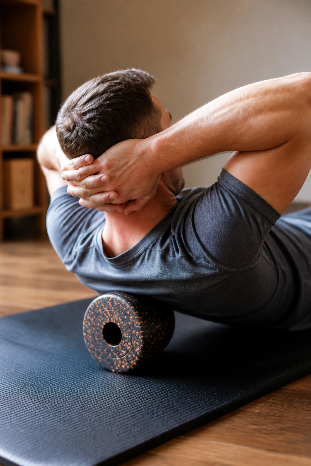 Upper back foam rolling close-up on shoulder blades