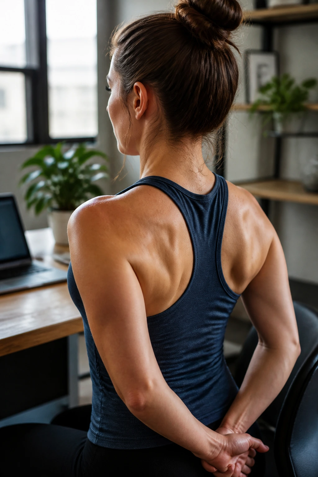 Woman with upright shoulders and engaged upper back in an office setting