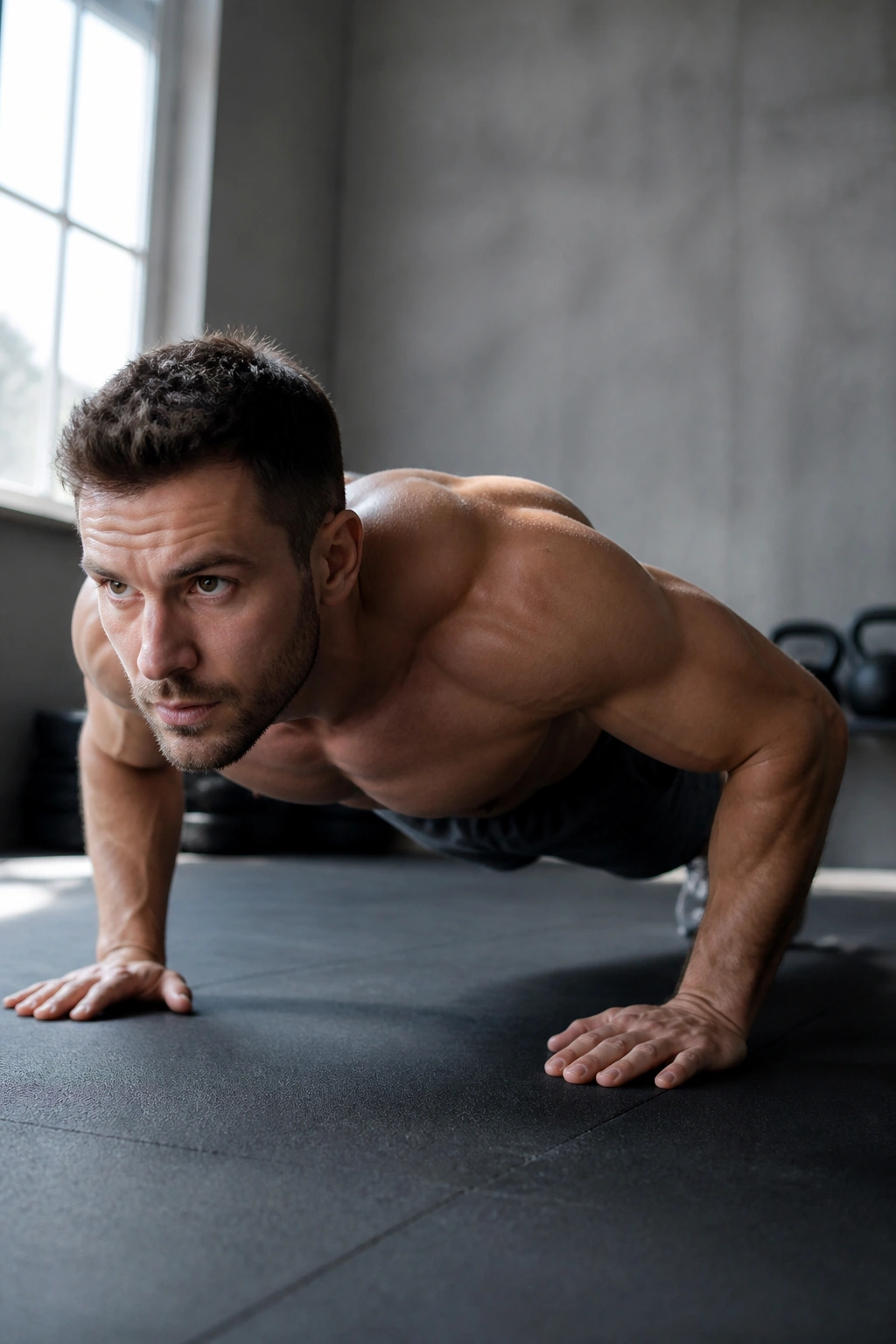 Close-up portrait of a real person performing a push-up with strong upper-body and core engagement.