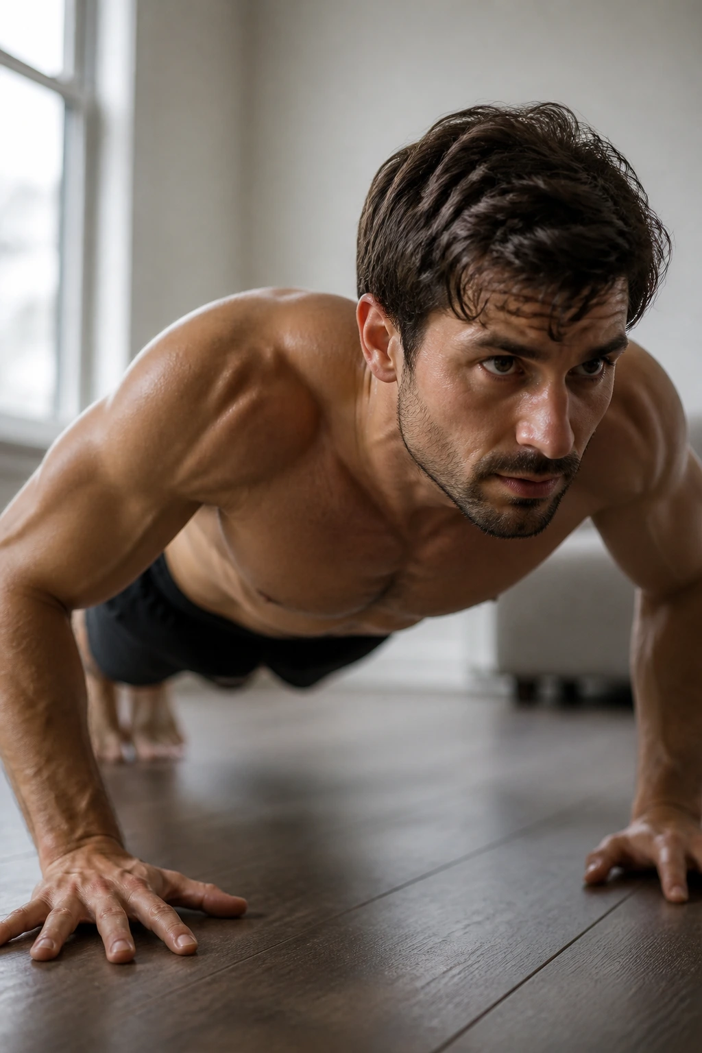 Medium close-up of a person performing push-ups in a home setting for upper-body density