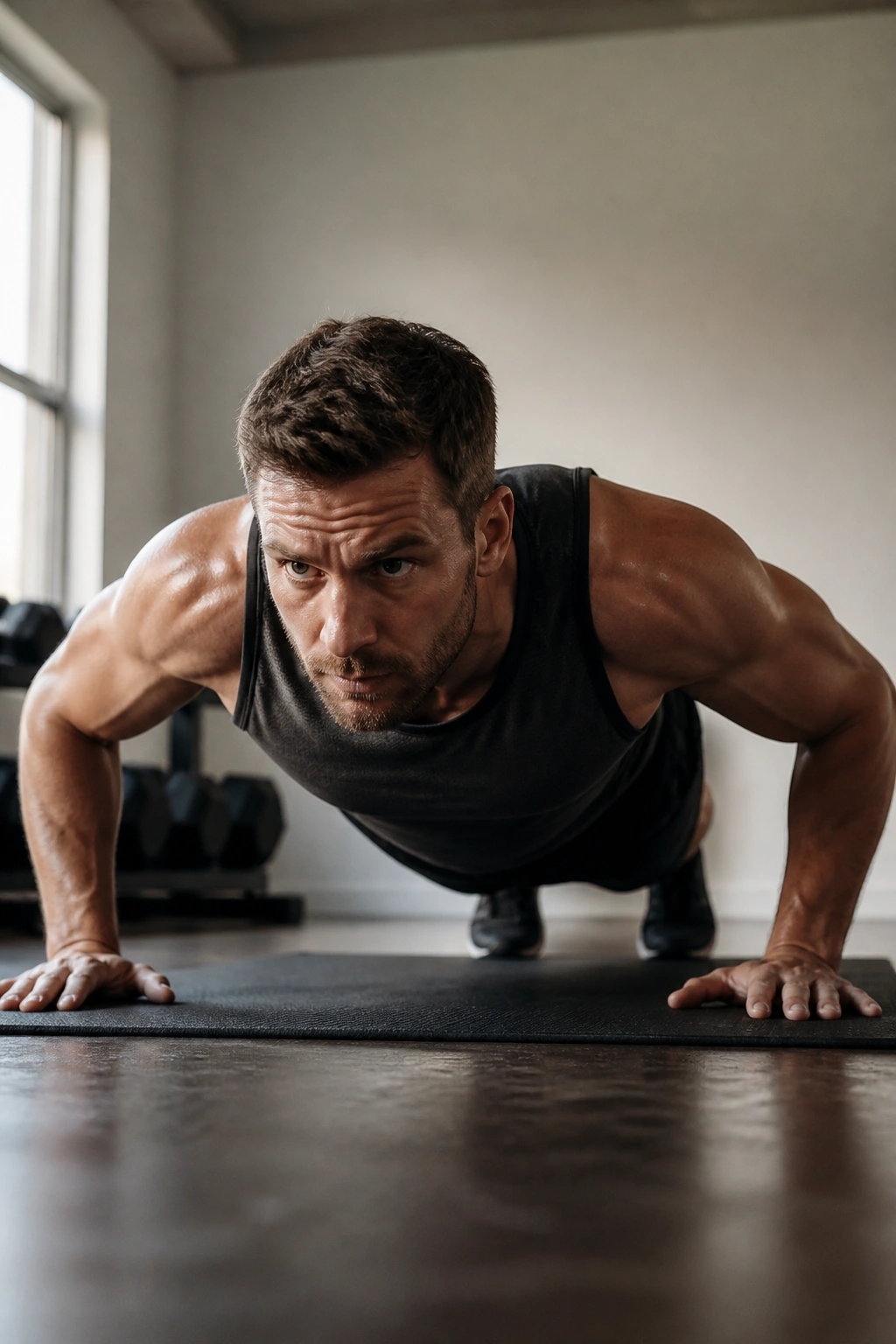Person performing a push-up during an upper-body EMOM in a small gym