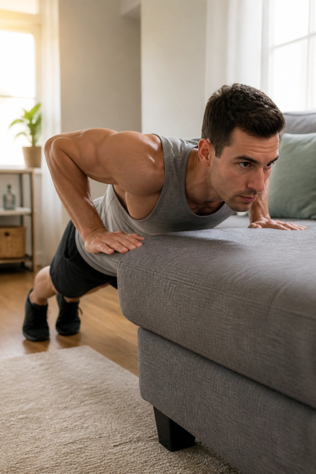 Person performing incline push-ups on a couch in a living room