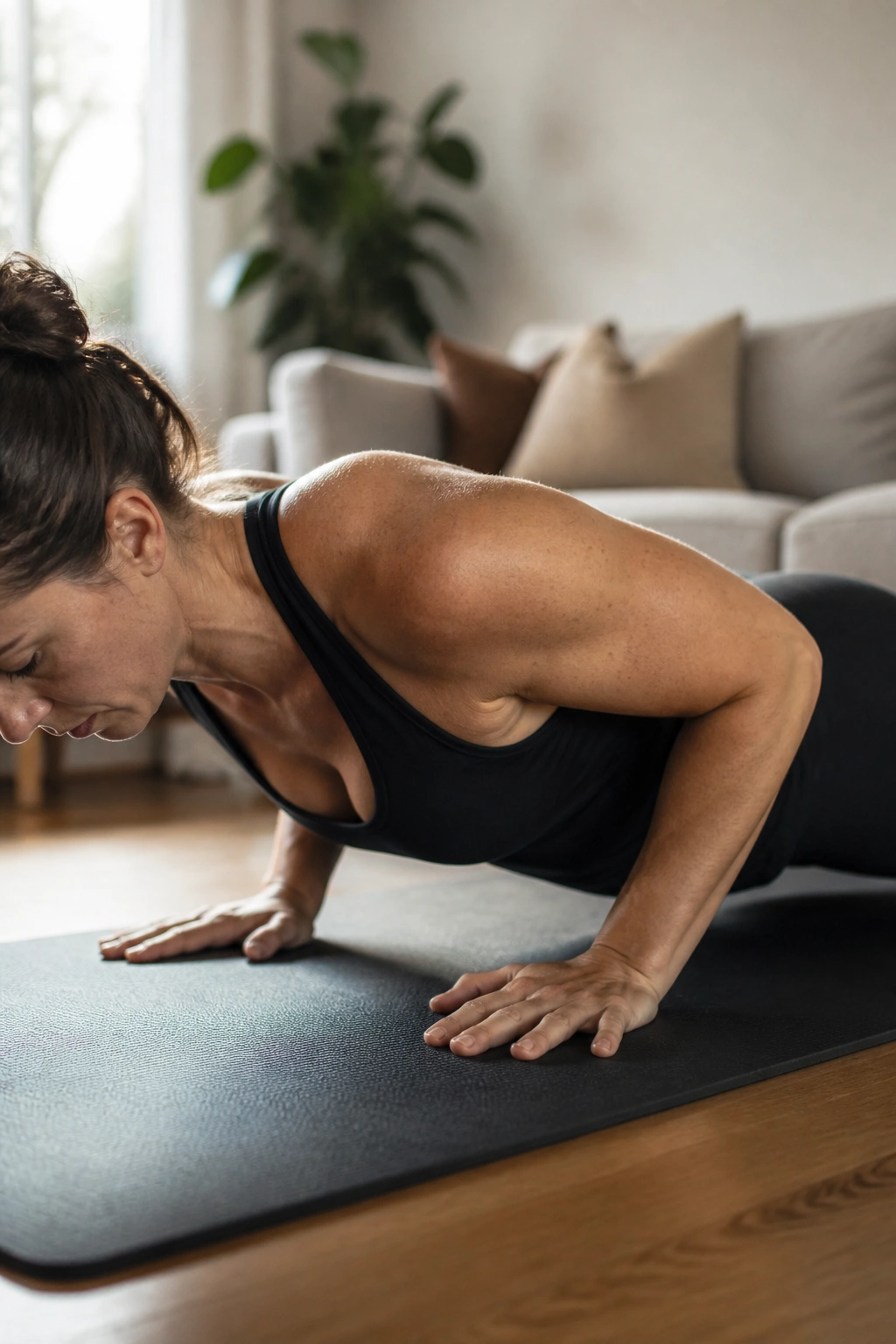 Close-up of person performing push-up with tucked elbows in a home setting