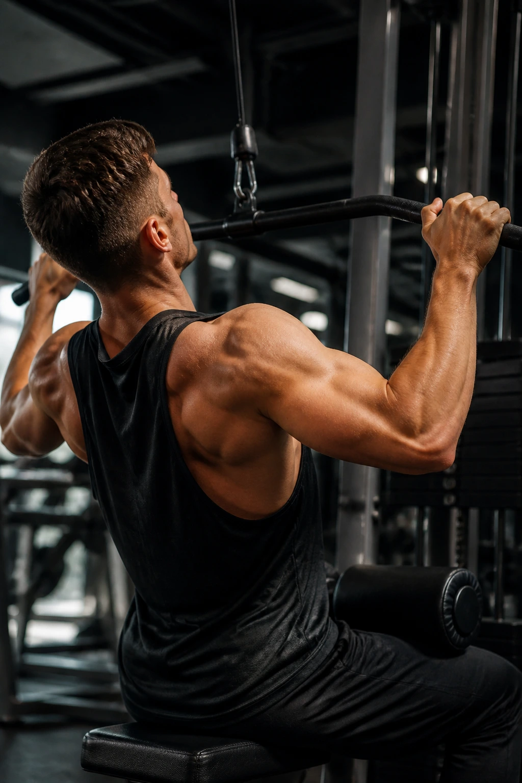 Person performing lat pulldown in a gym with focused back muscles