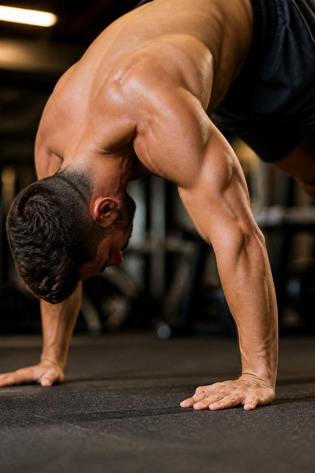 Close-up of person performing pike push-ups with engaged shoulders