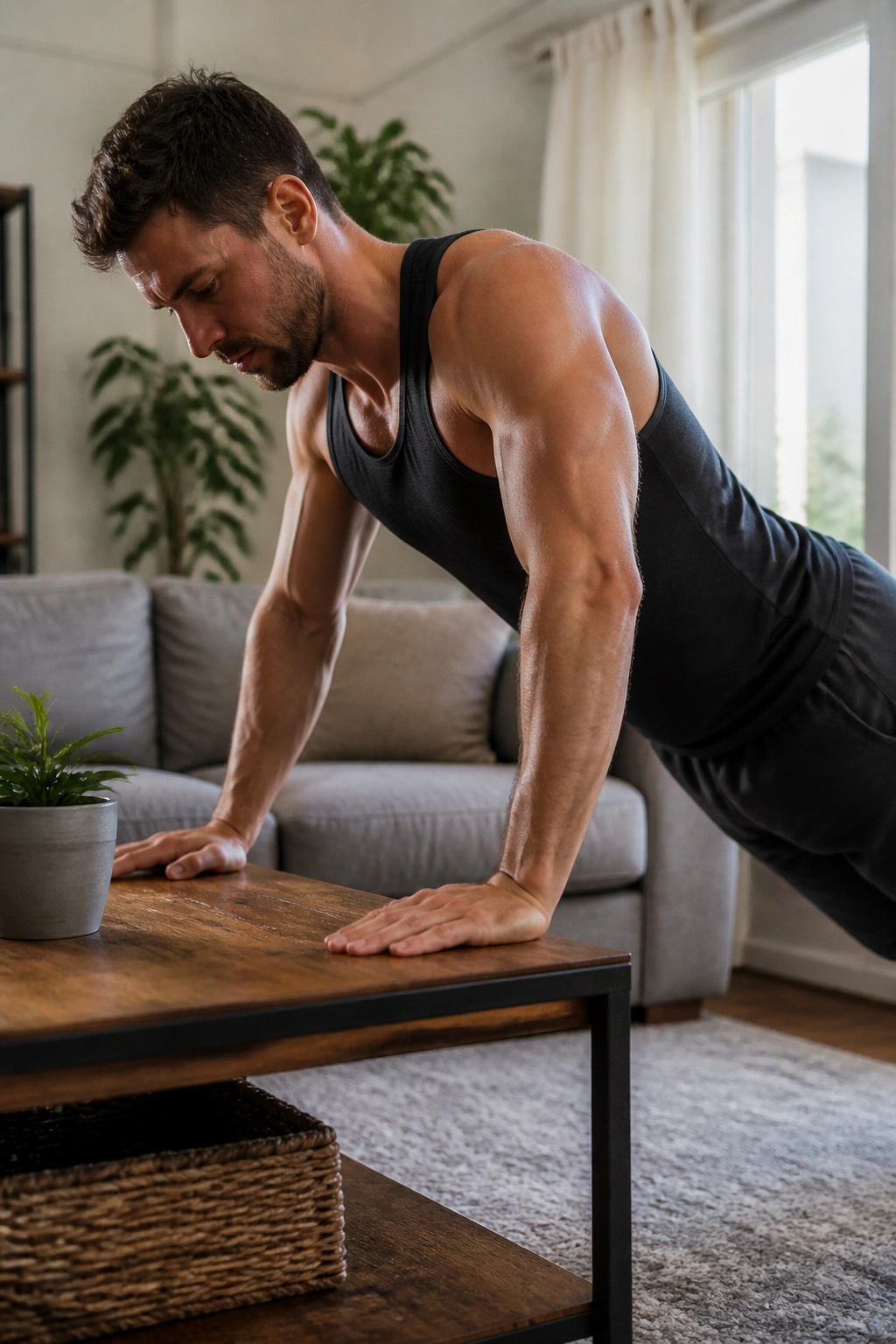 Mid-shot of a real person performing incline push-ups in a sunlit living room