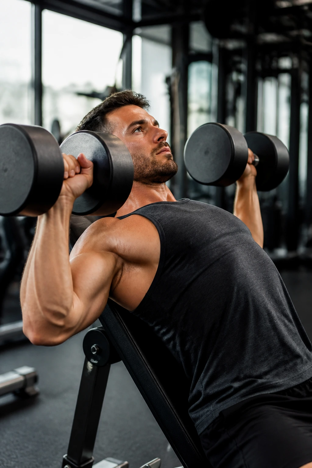 Portrait of an athlete performing incline dumbbell press in a gym