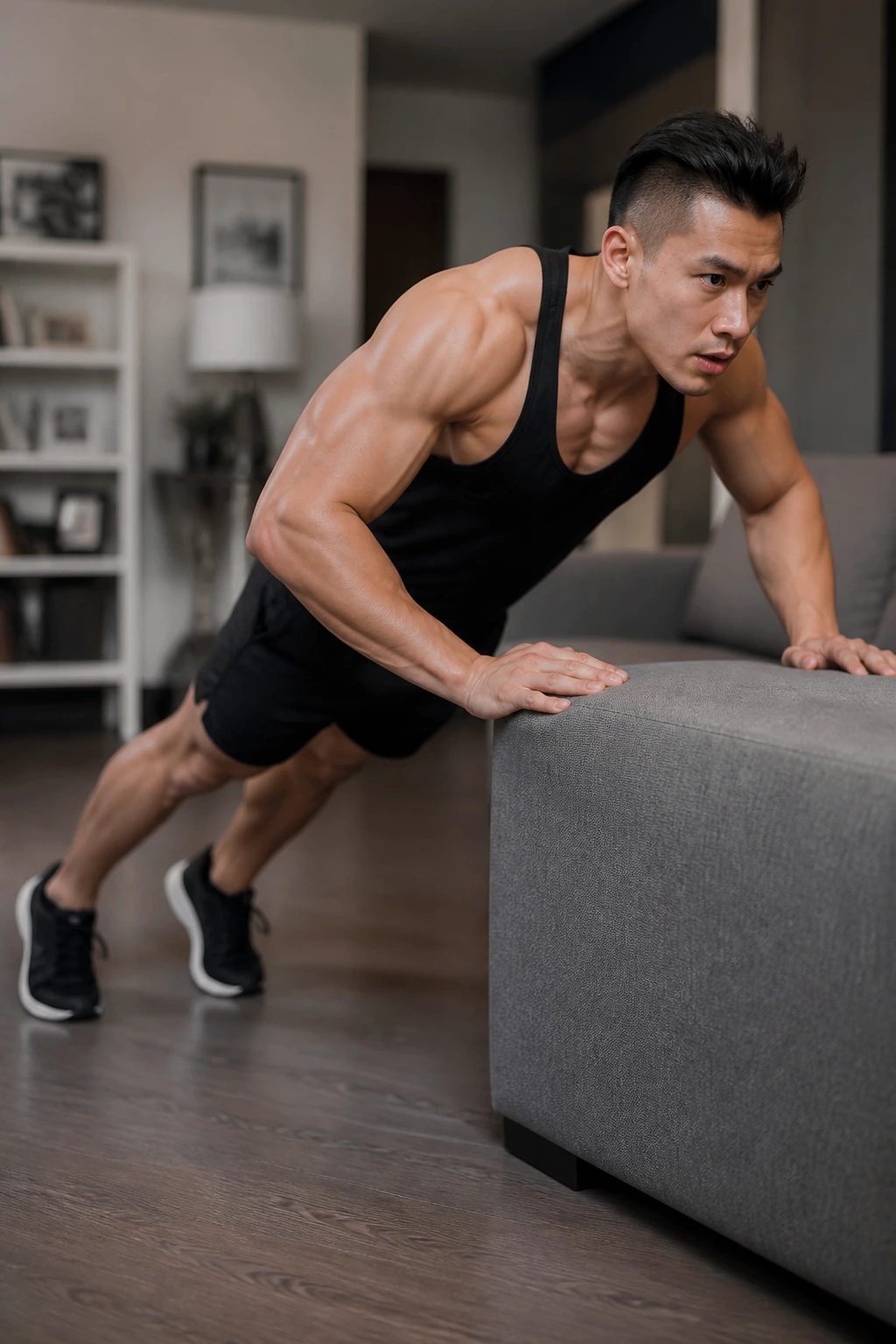 Person performing incline push-ups on a couch in a living room
