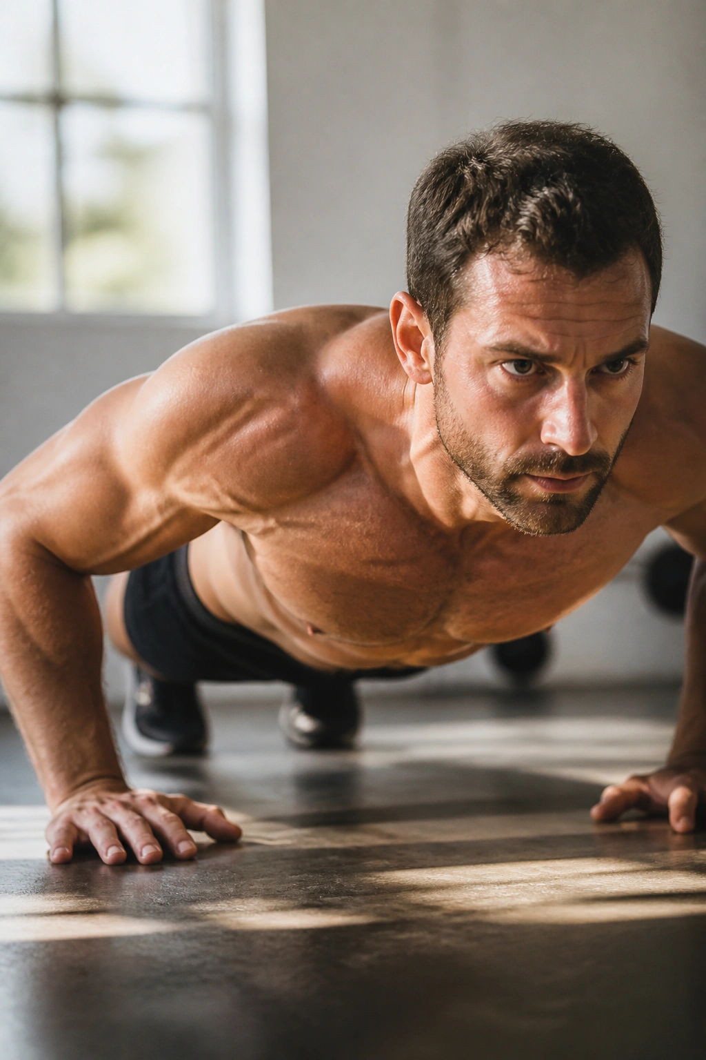 Portrait of a person performing a push-up in a home gym
