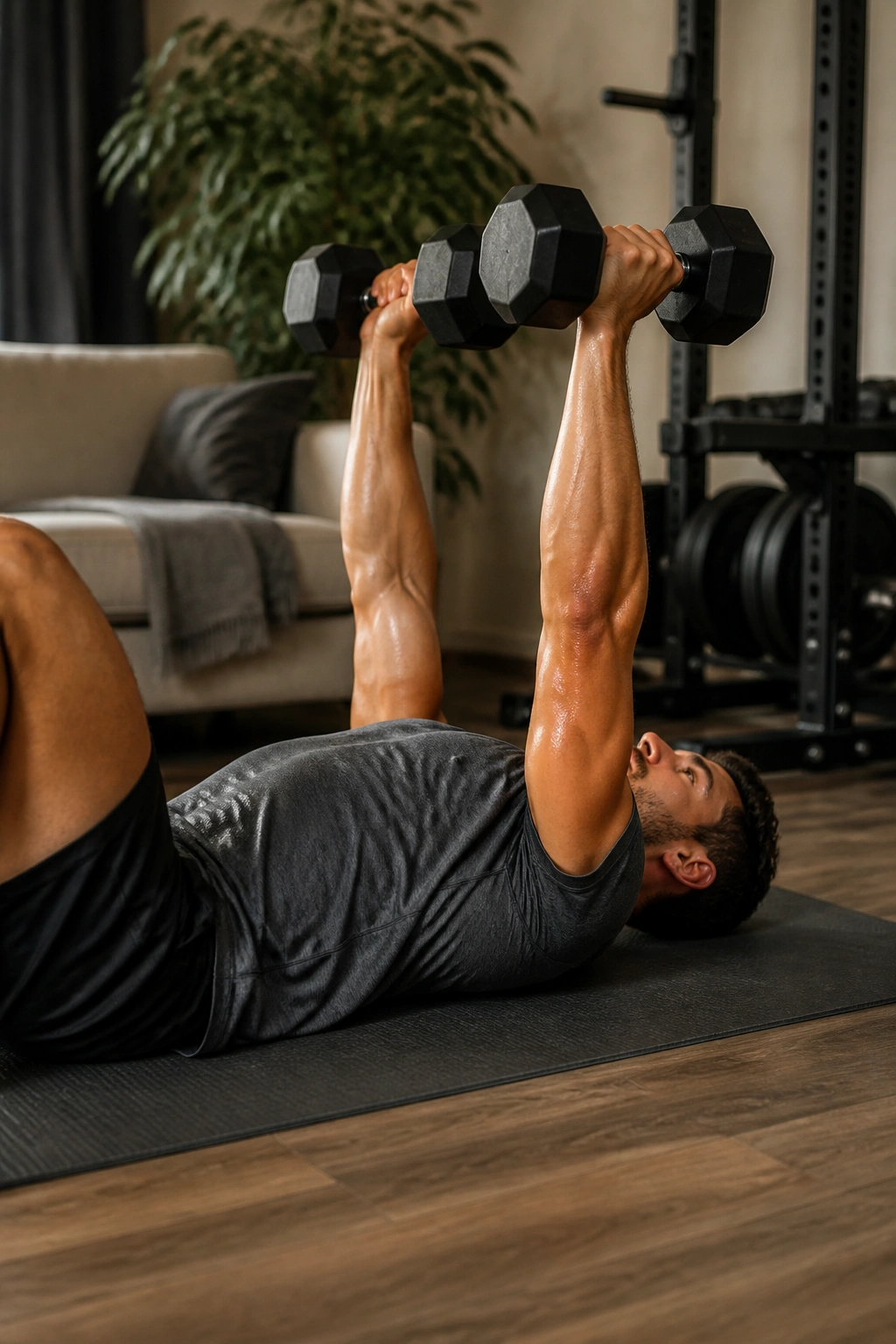 Person performing a dumbbell floor press on a mat