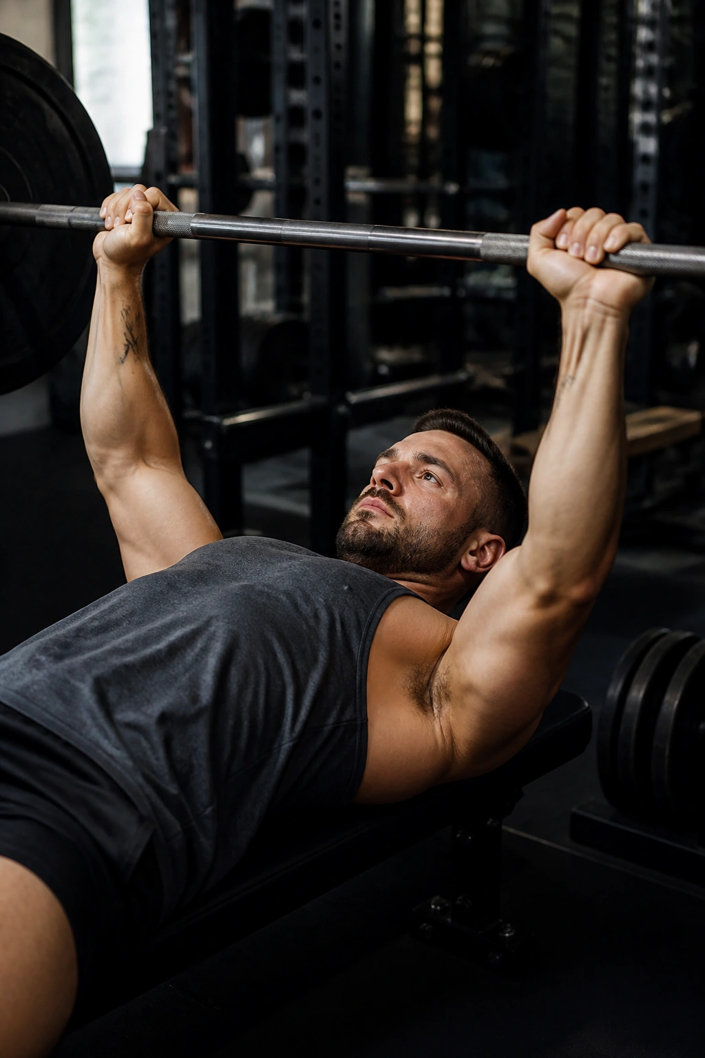 Athlete performing bench press in a gym
