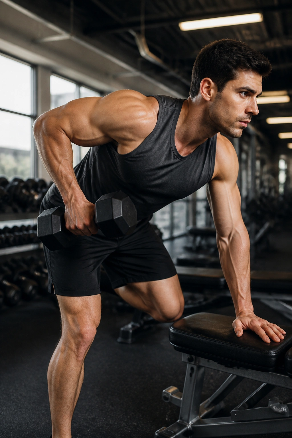 Mid-shot of a person doing a bent-over row with dumbbells in gym
