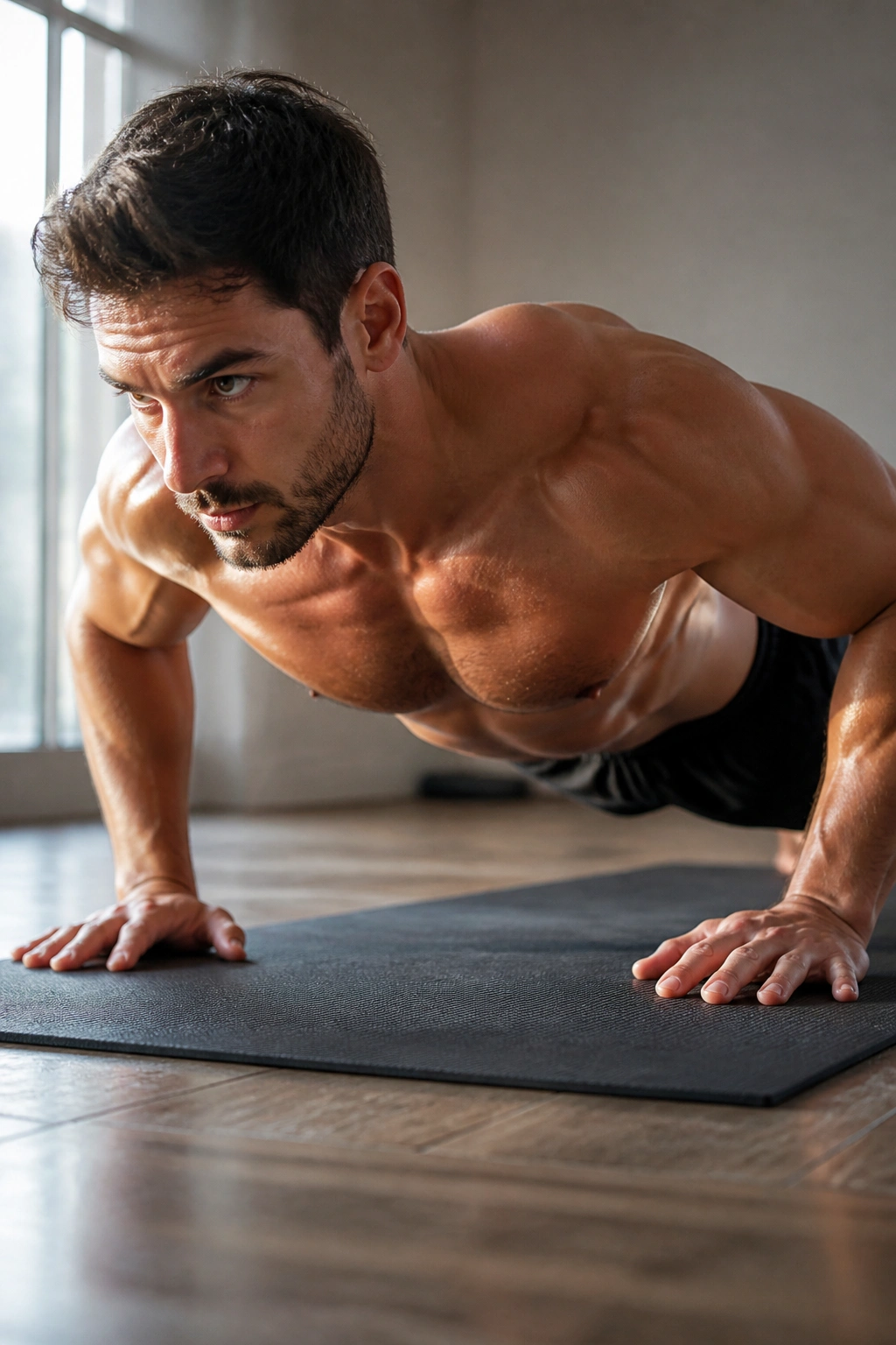 Real person performing a push-up with focused upper body effort