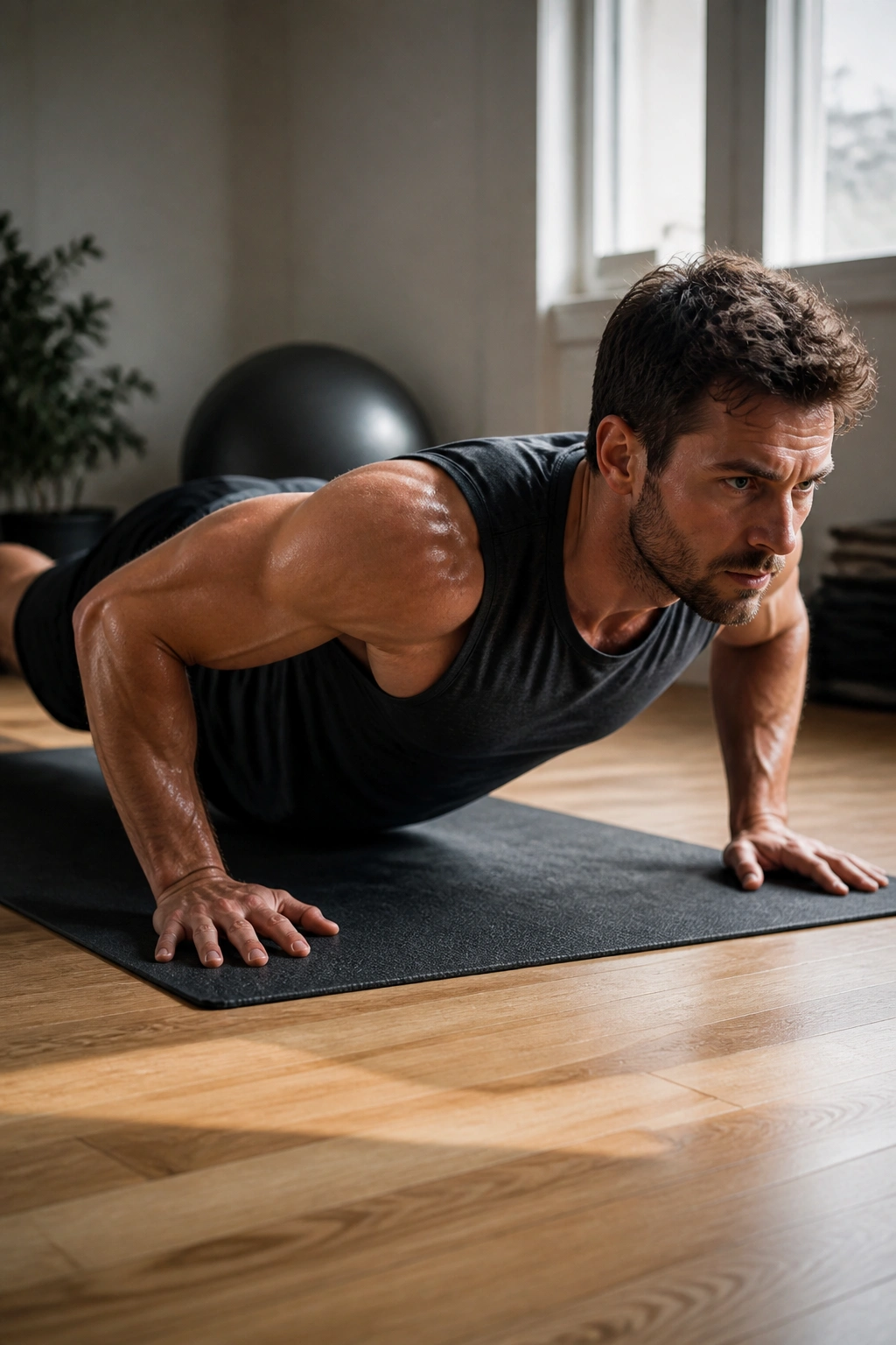 Close-up of a real person performing a push-up variation on a mat