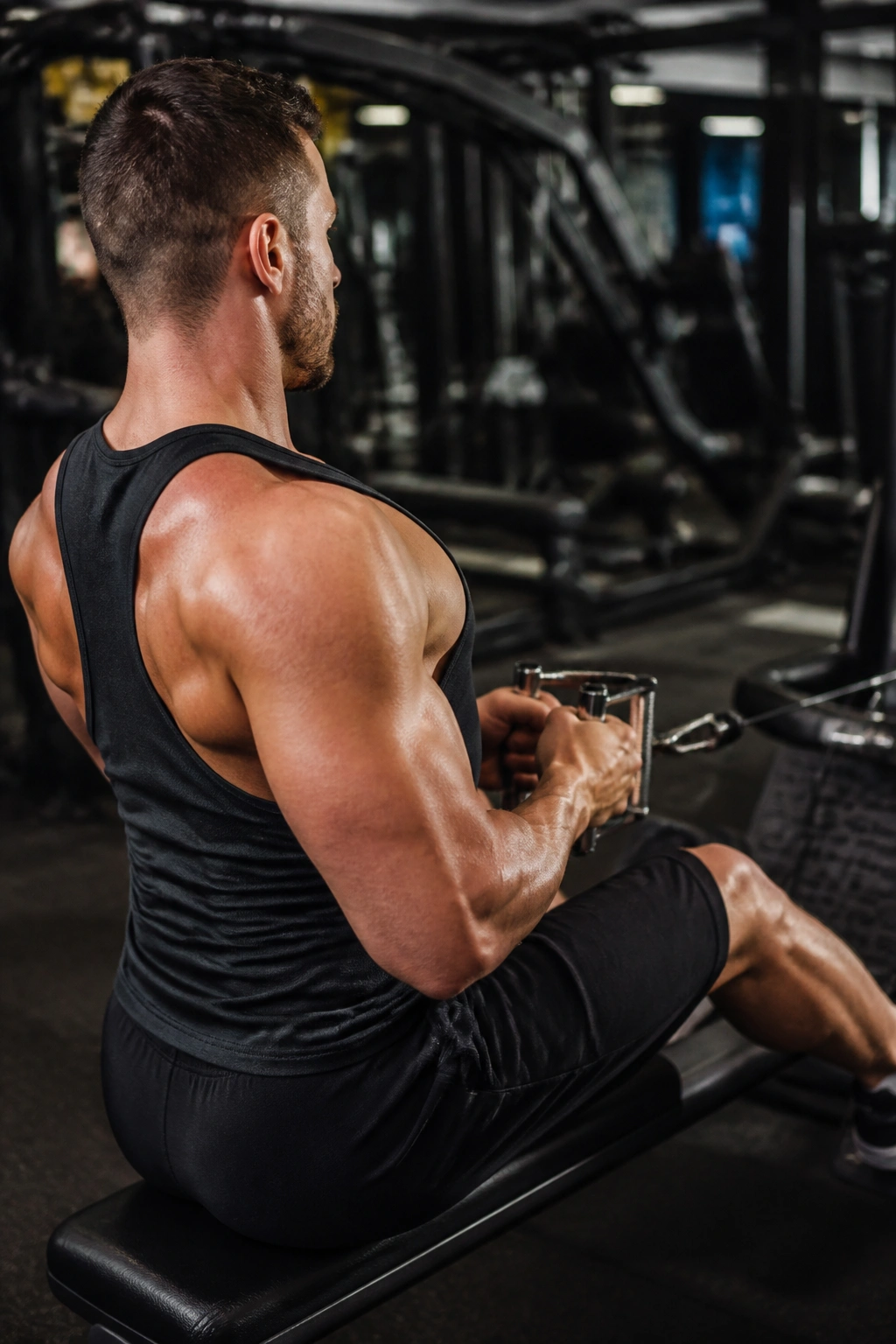 Person performing a seated cable row focusing on upper back muscles