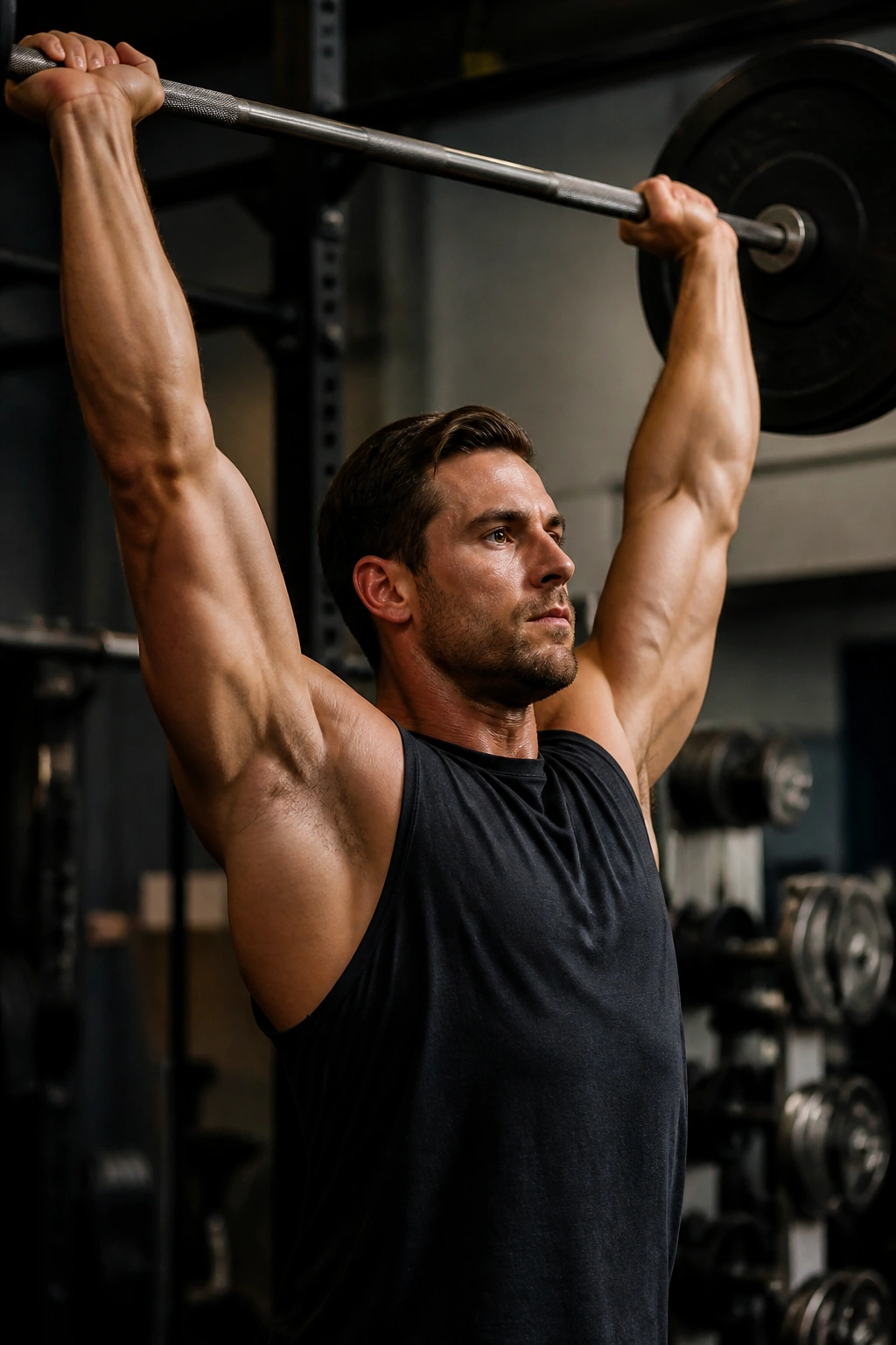 Shoulders and arms in overhead press in gym