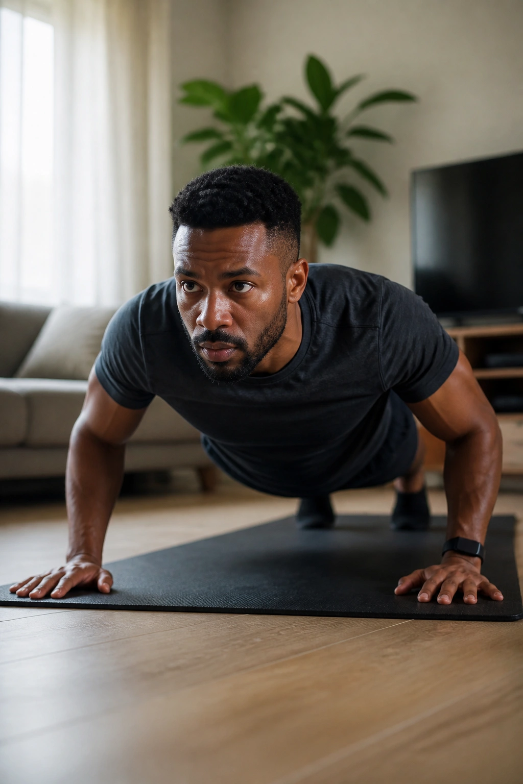 Medium shot of a real person performing a push-up in a bright living room
