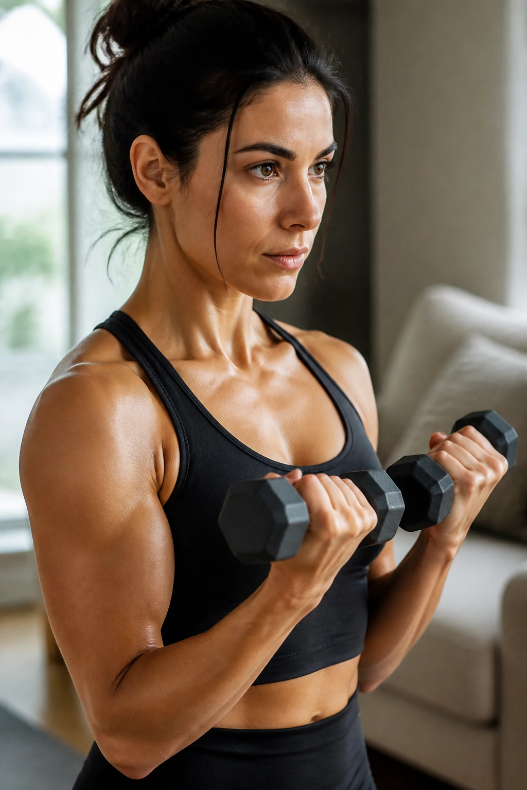 Close-up of a person doing arm sculpting exercises with light weights