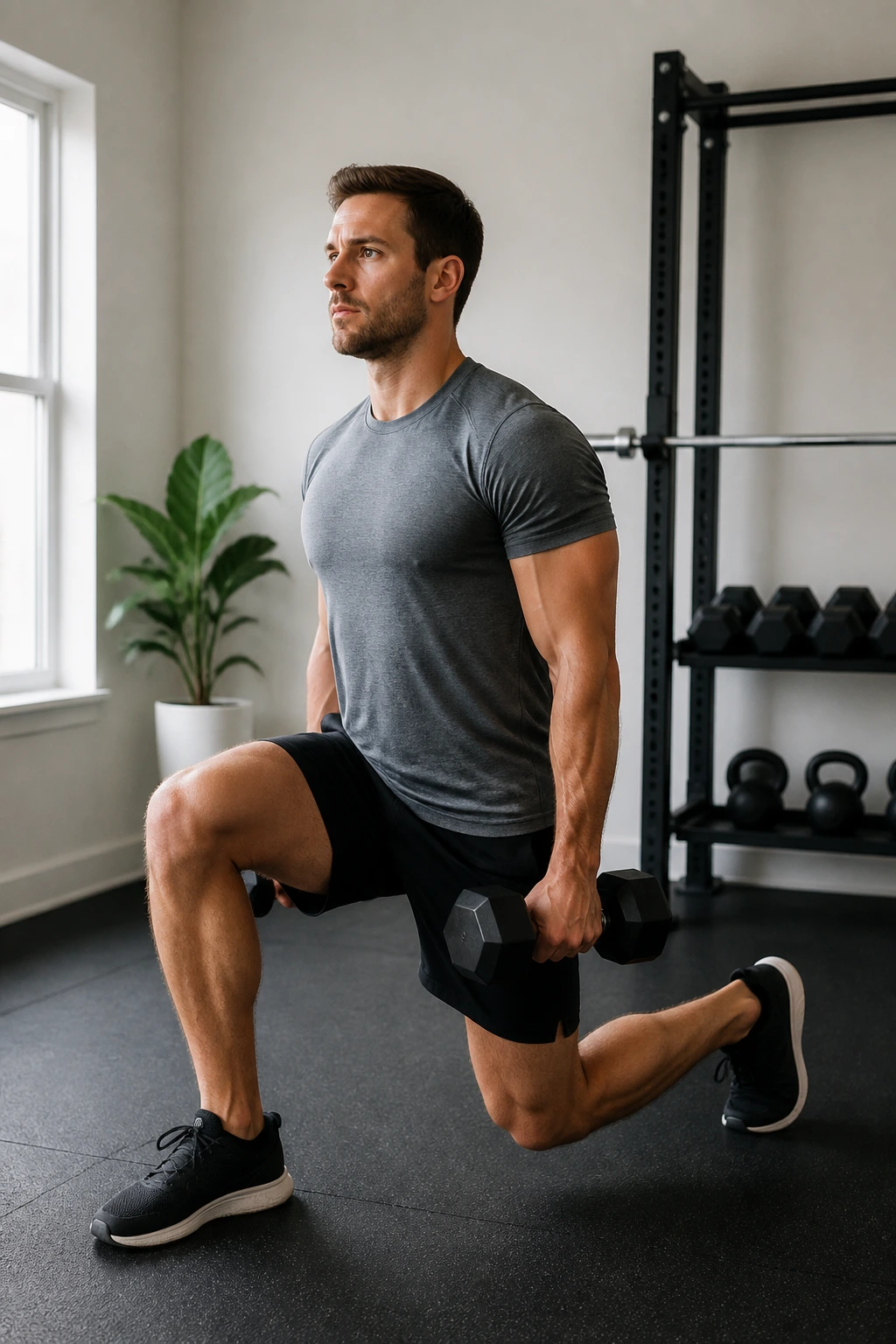 Person in a lunge with a dumbbell during a movement in a home gym