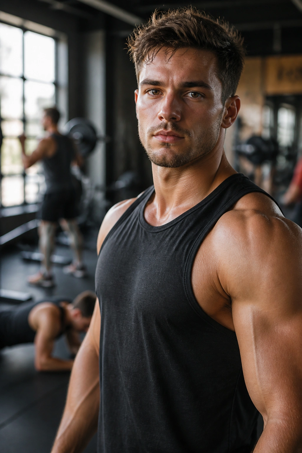 Portrait of a fit athlete in gym highlighting upper body for recovery split.