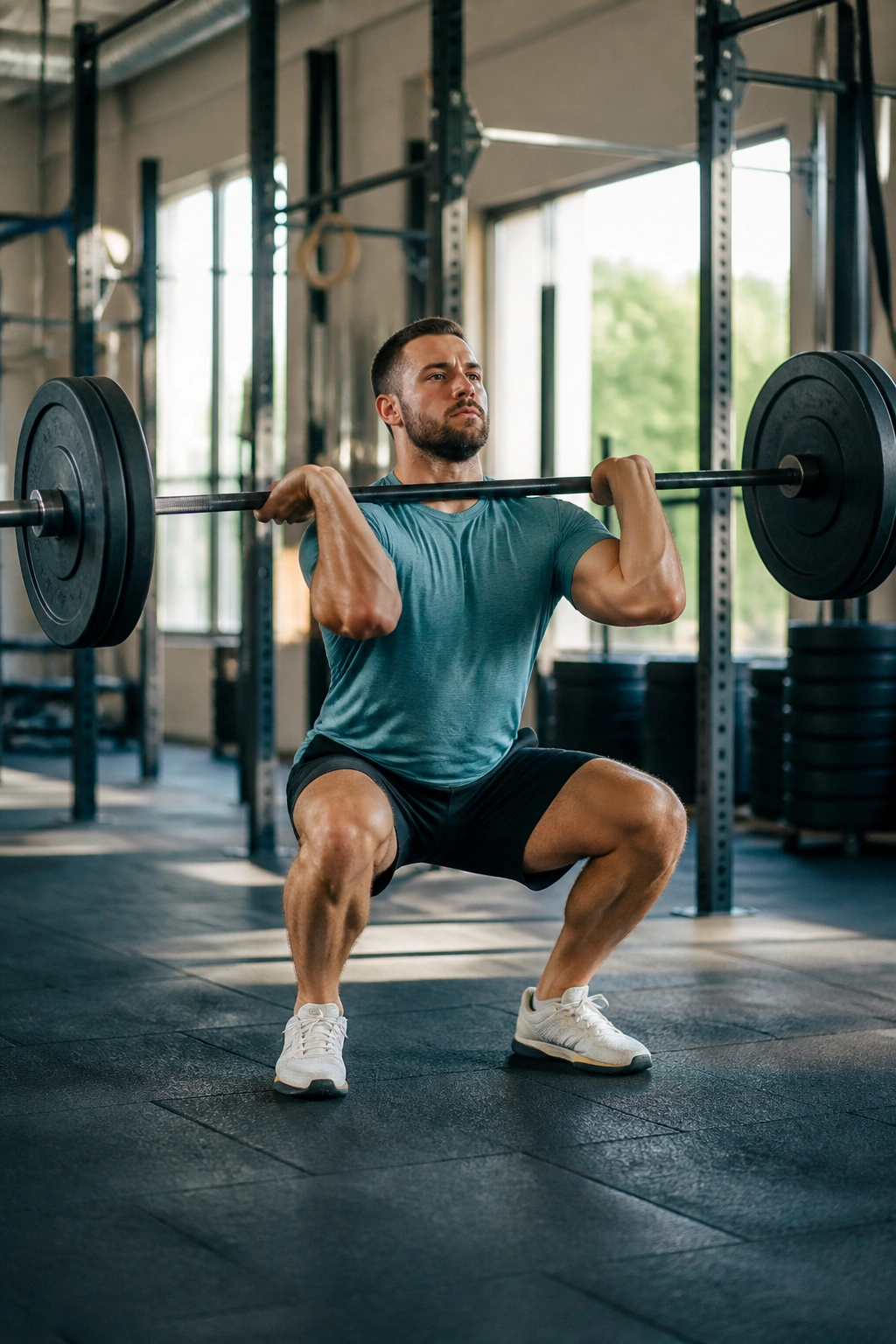 Lifter performing a barbell thruster showing full body engagement