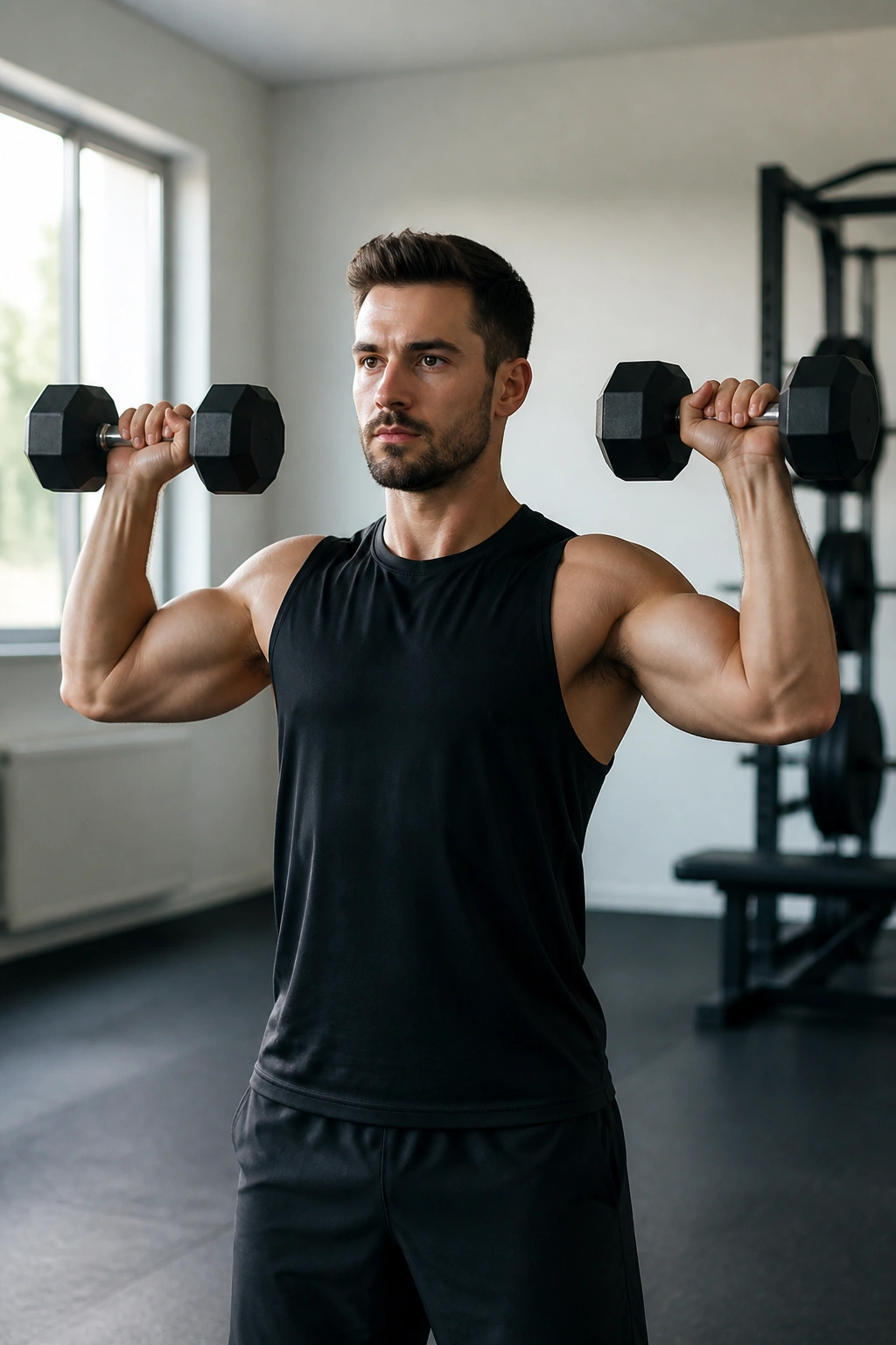 Real person performing dumbbell overhead press in gym setting