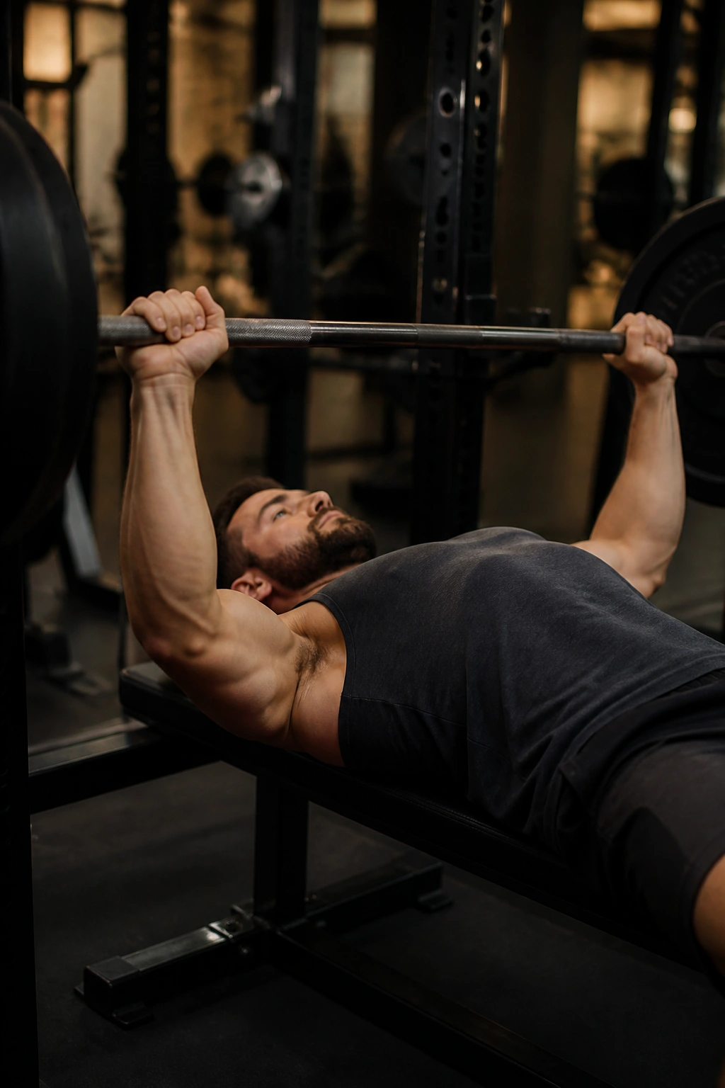 Person performing bench press in gym, upper body focus