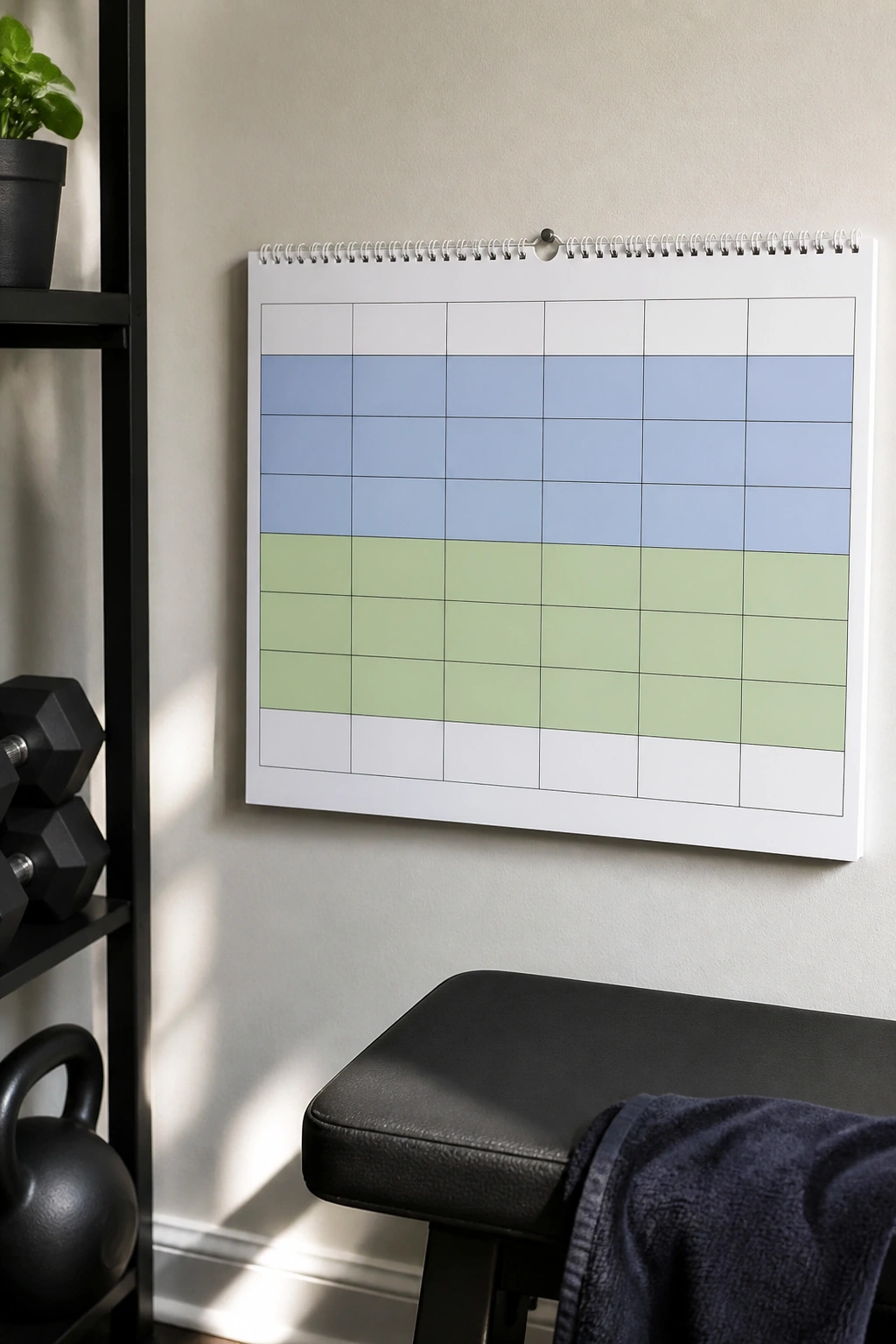 Close-up of upper-lower split calendar with color blocks on a wall