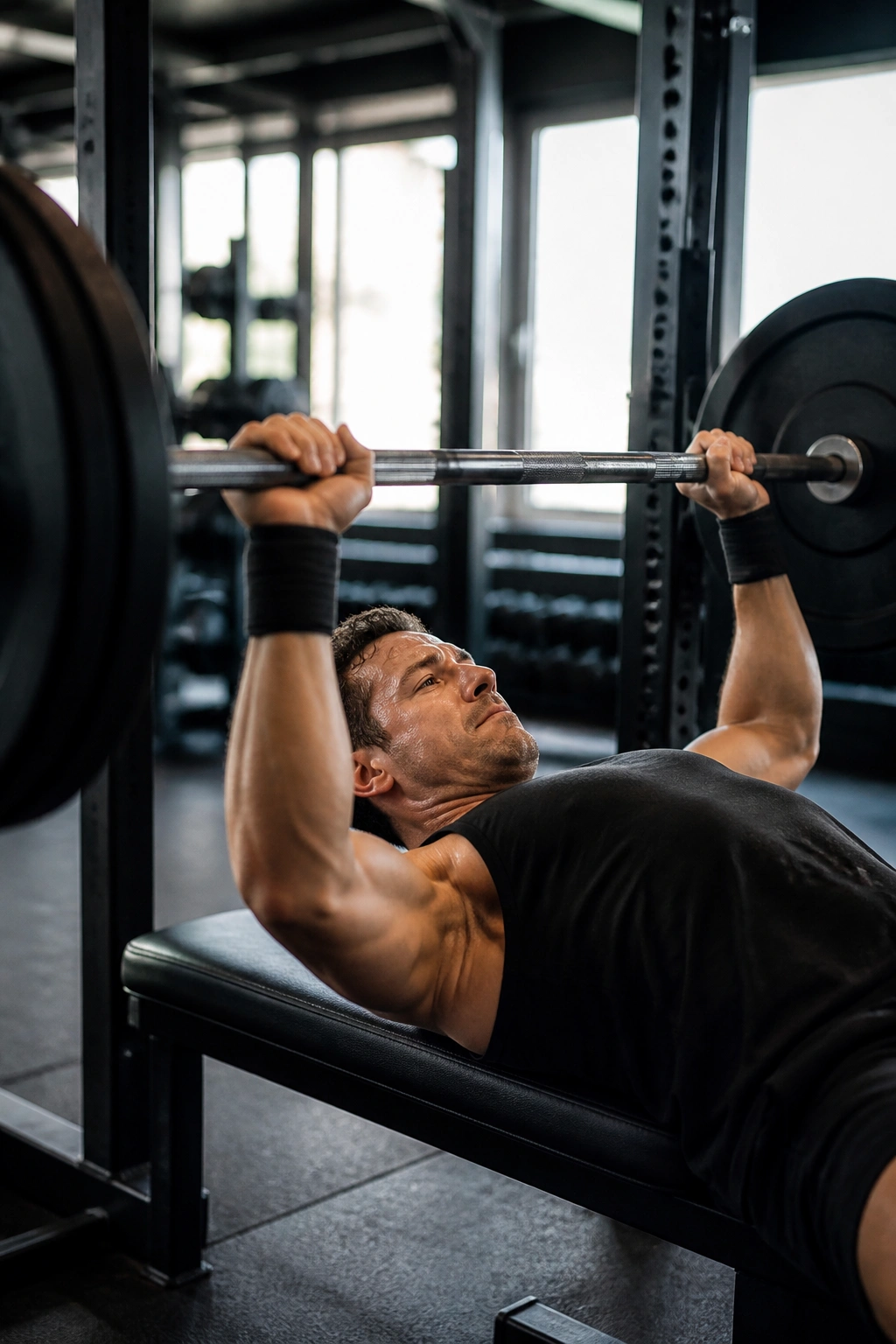 Close-up of lifter performing a bench press in a gym