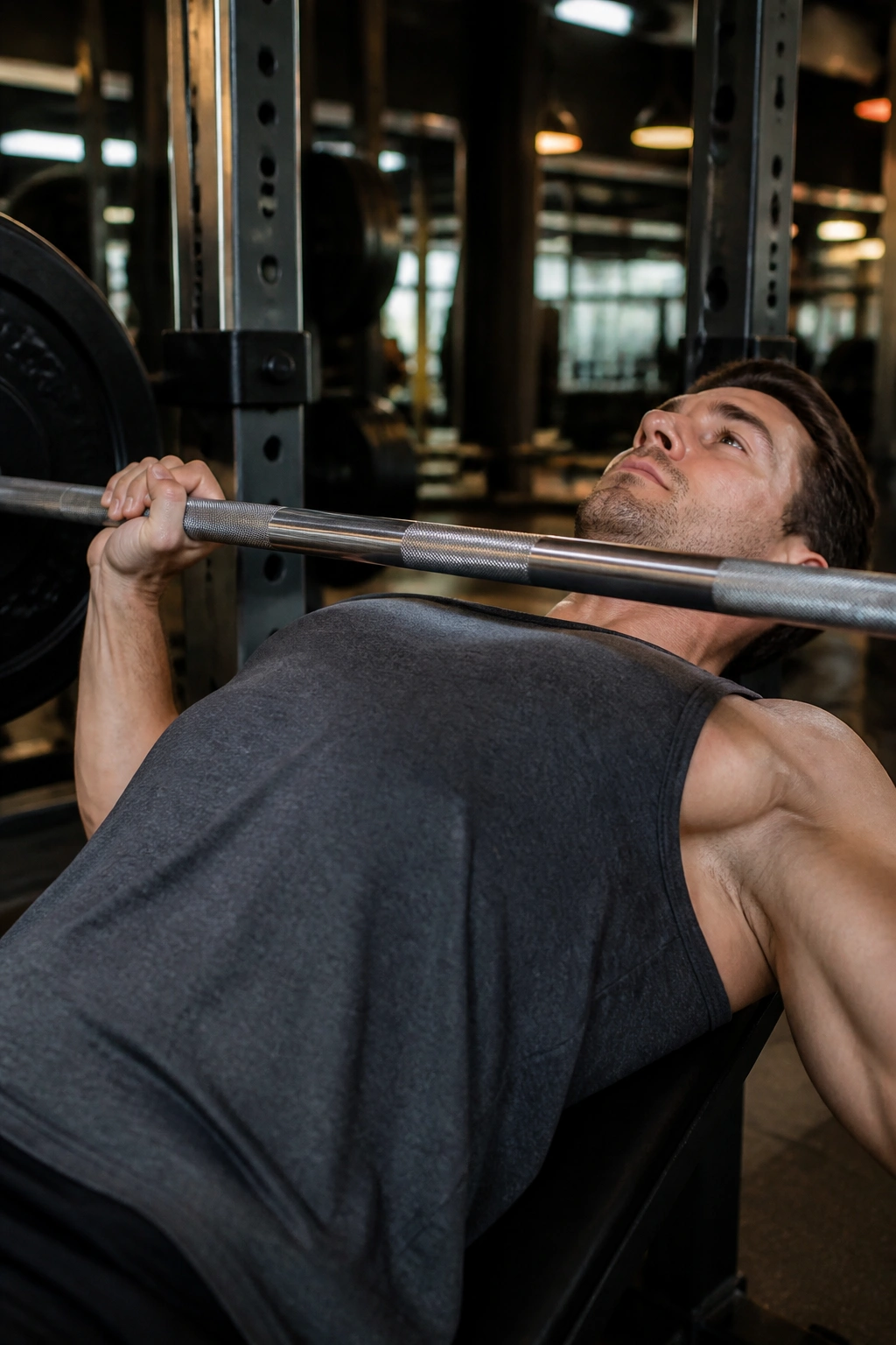 Real person bench pressing in gym for upper-lower split strength training