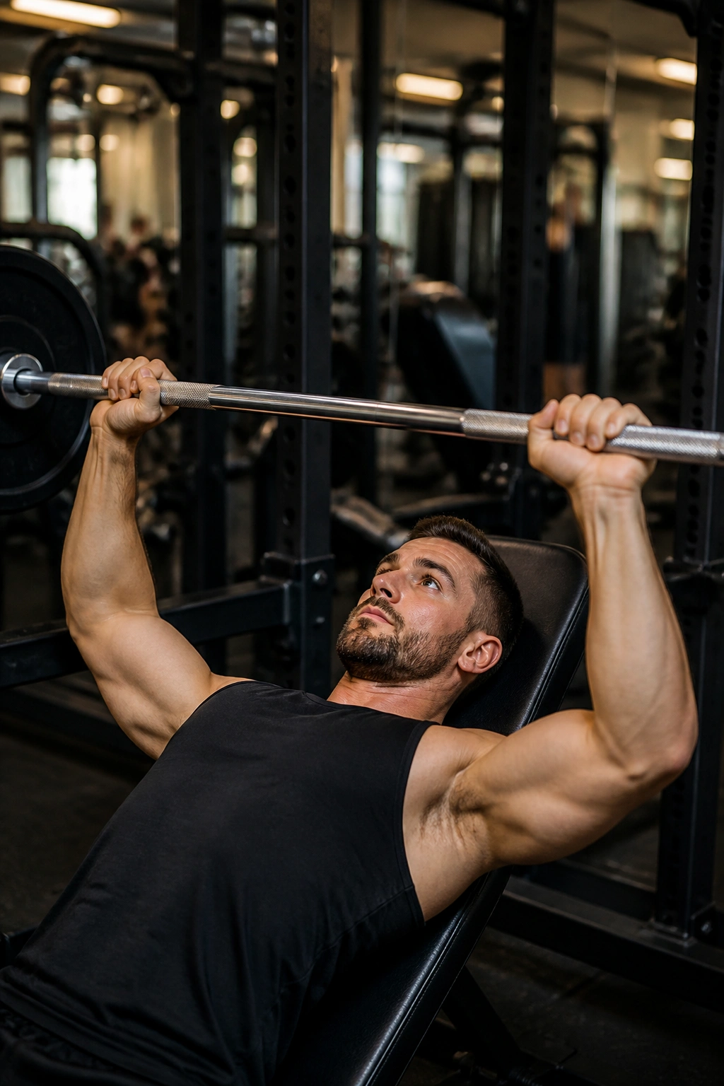 Medium shot of a real person bench pressing in a gym, illustrating an upper/lower split for muscle gain