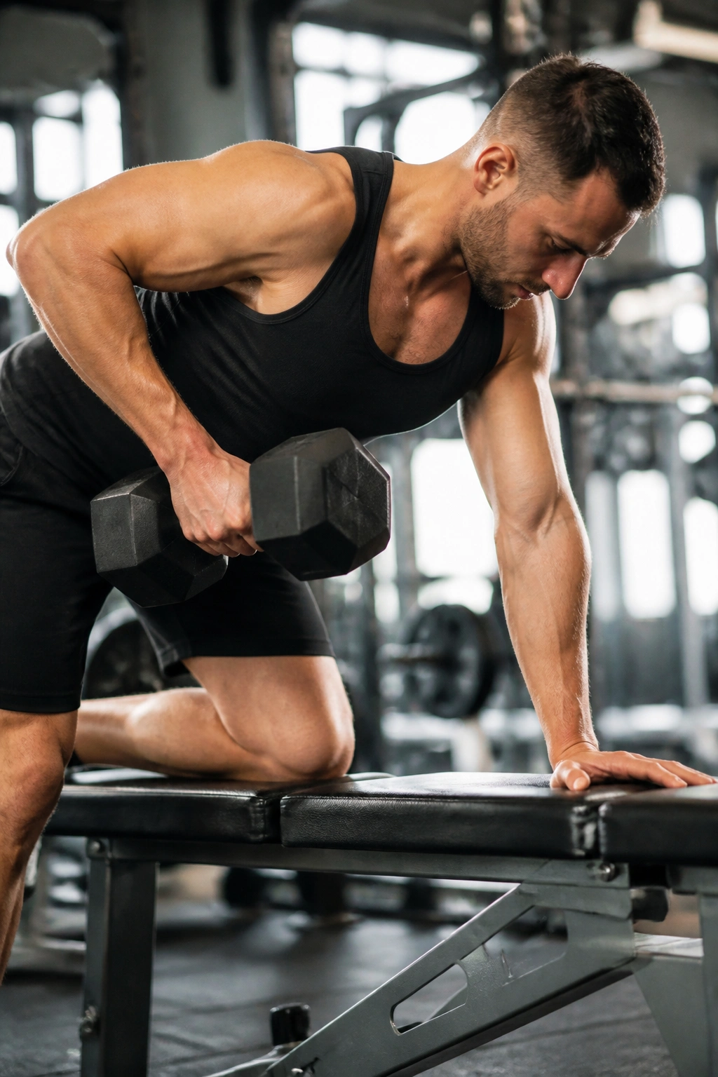 Medium close-up of lifter performing a dumbbell row in a gym