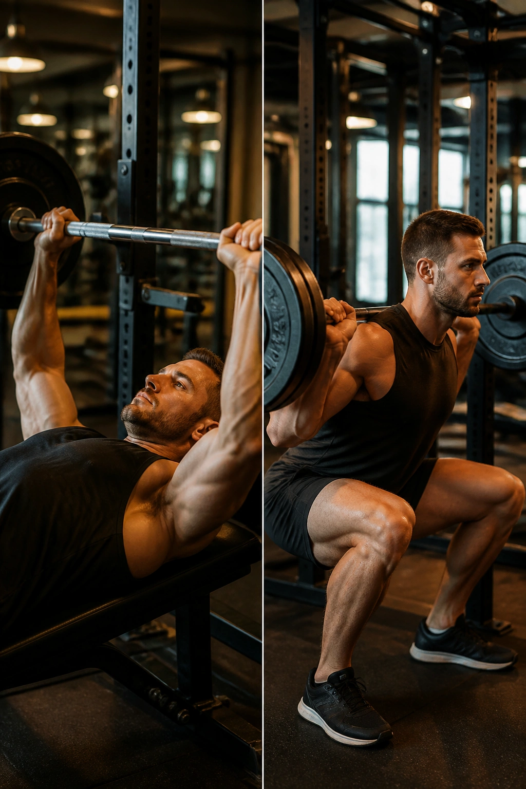 Split-screen showing bench press and squat performed by a lifter in a gym