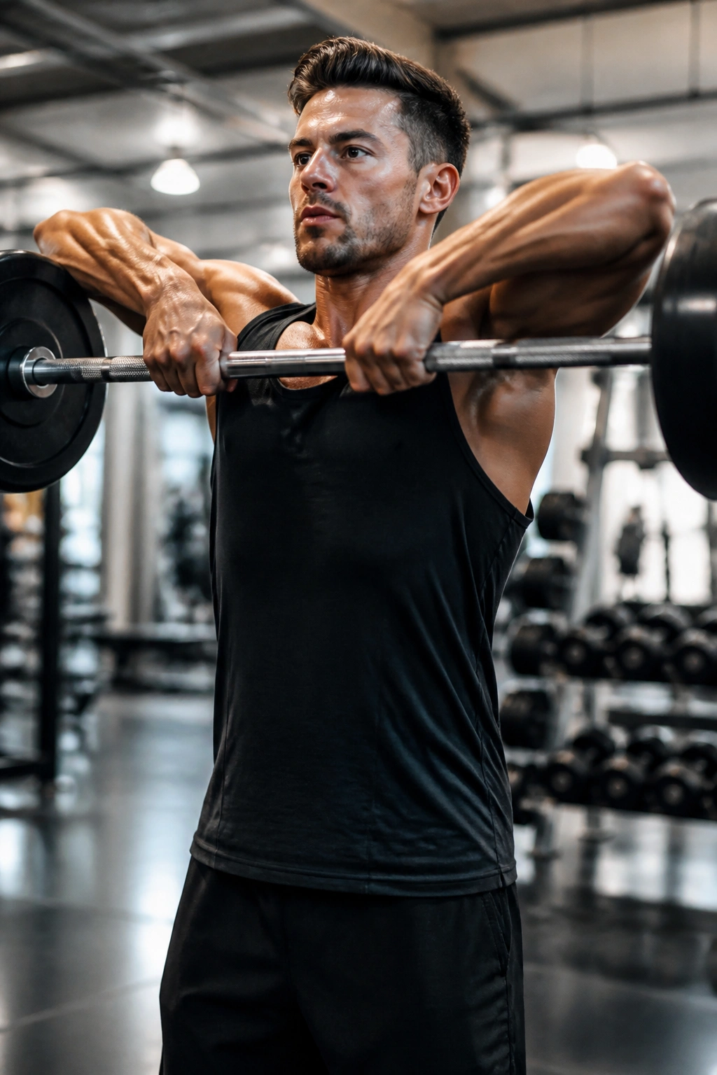 Medium-close image of athlete performing upright row and high pull in gym