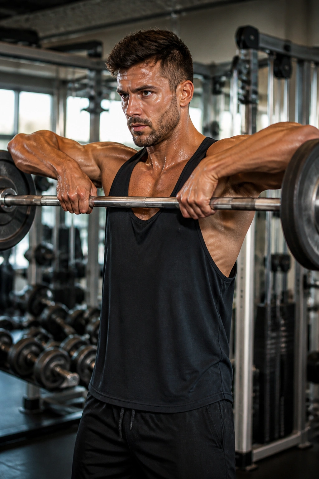 Real person performing upright row with bar in gym