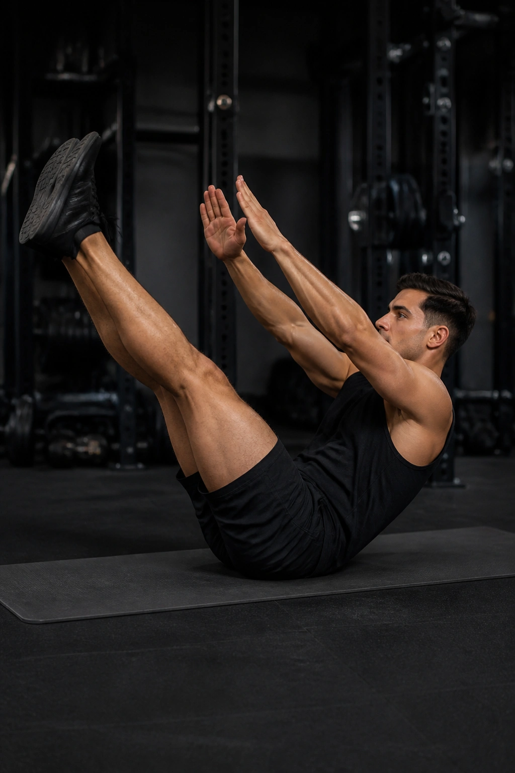 V-up exercise showing torso and legs lifting together