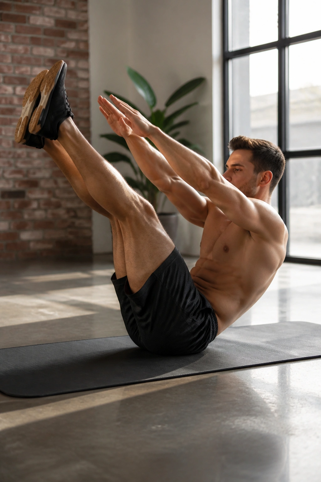 Dynamic mid-shot of a person executing a V-Up on a mat