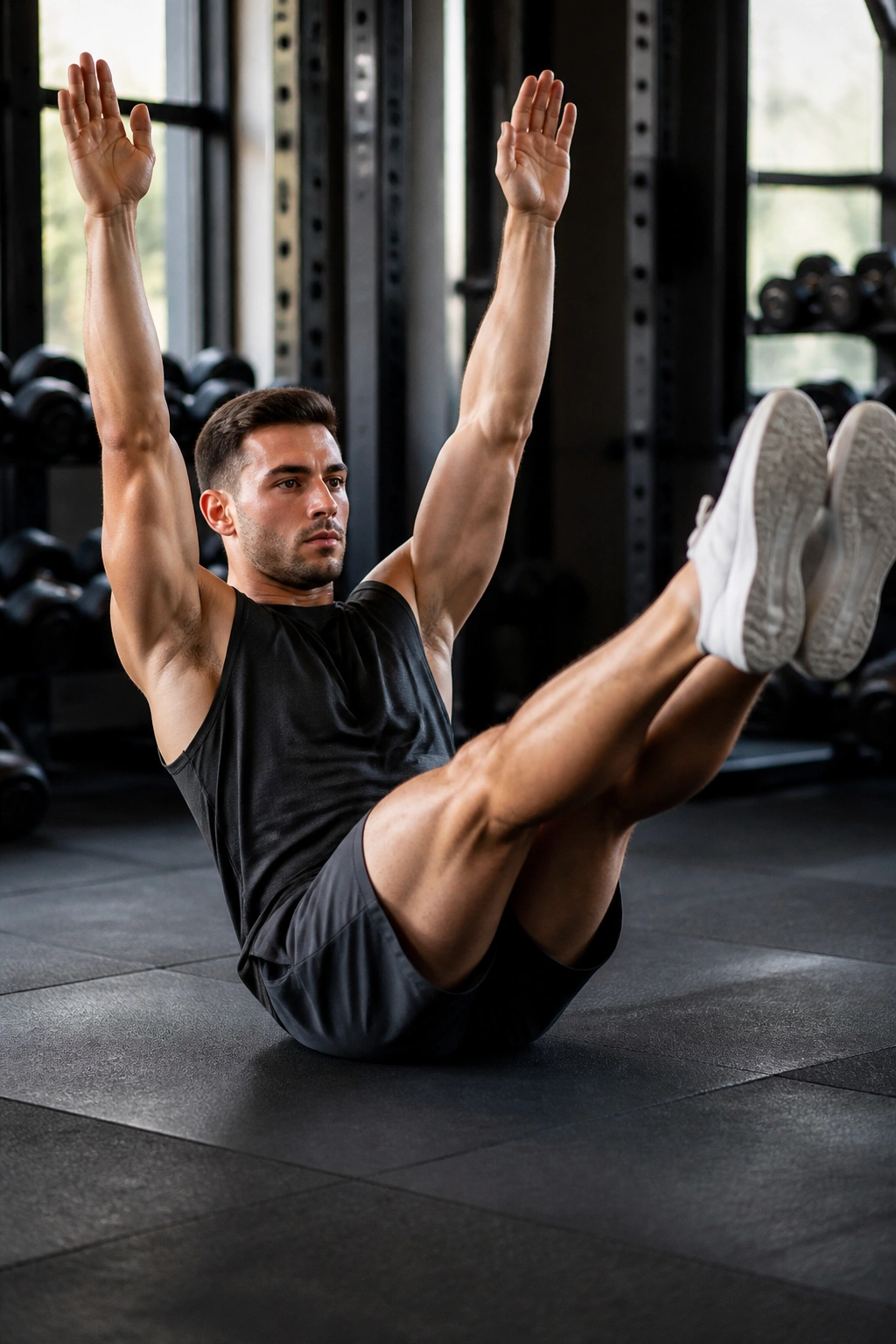 Athlete performing a V-up highlighting the core and hip flexors