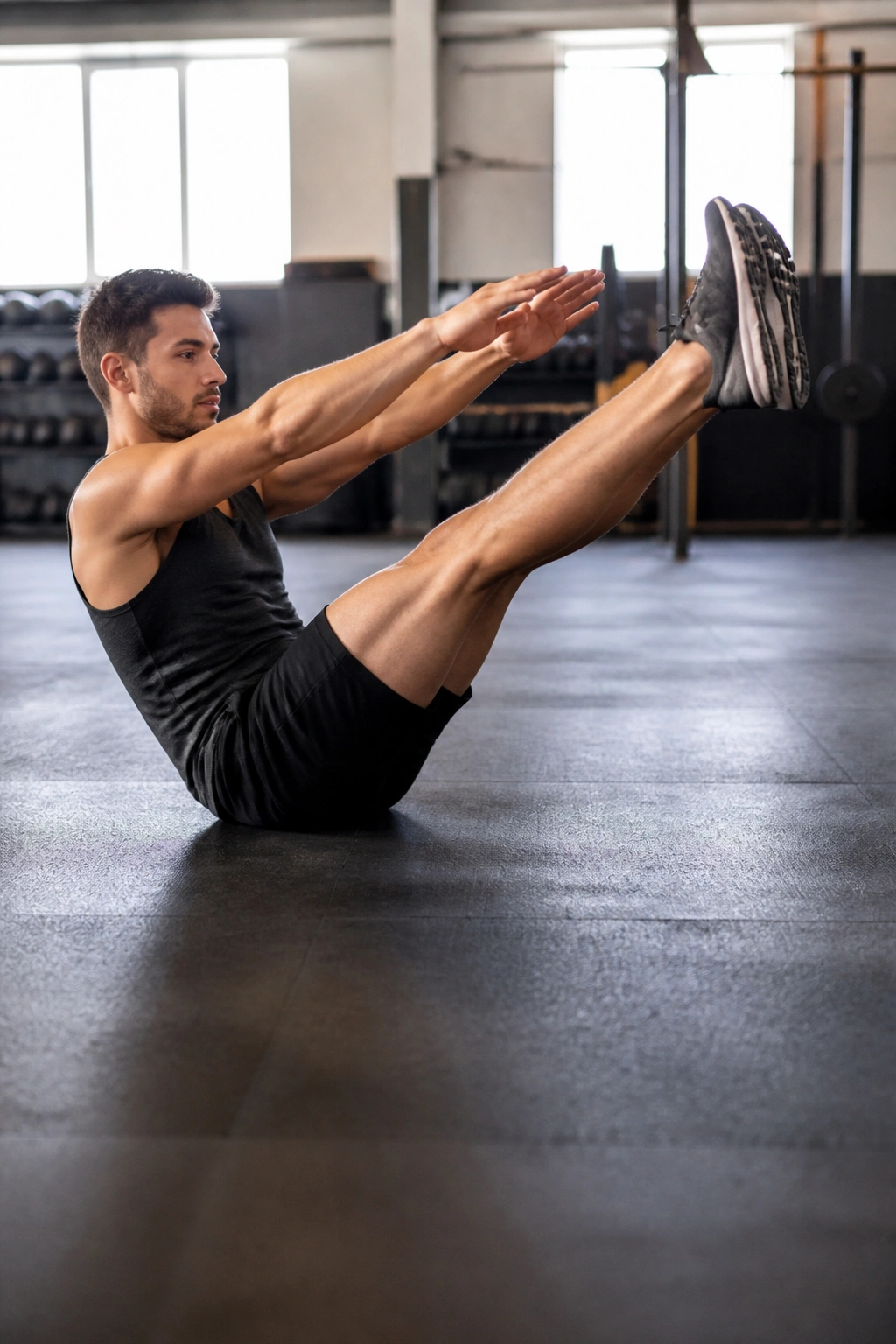 Real person performing a V-up into a burpee on a gym floor.