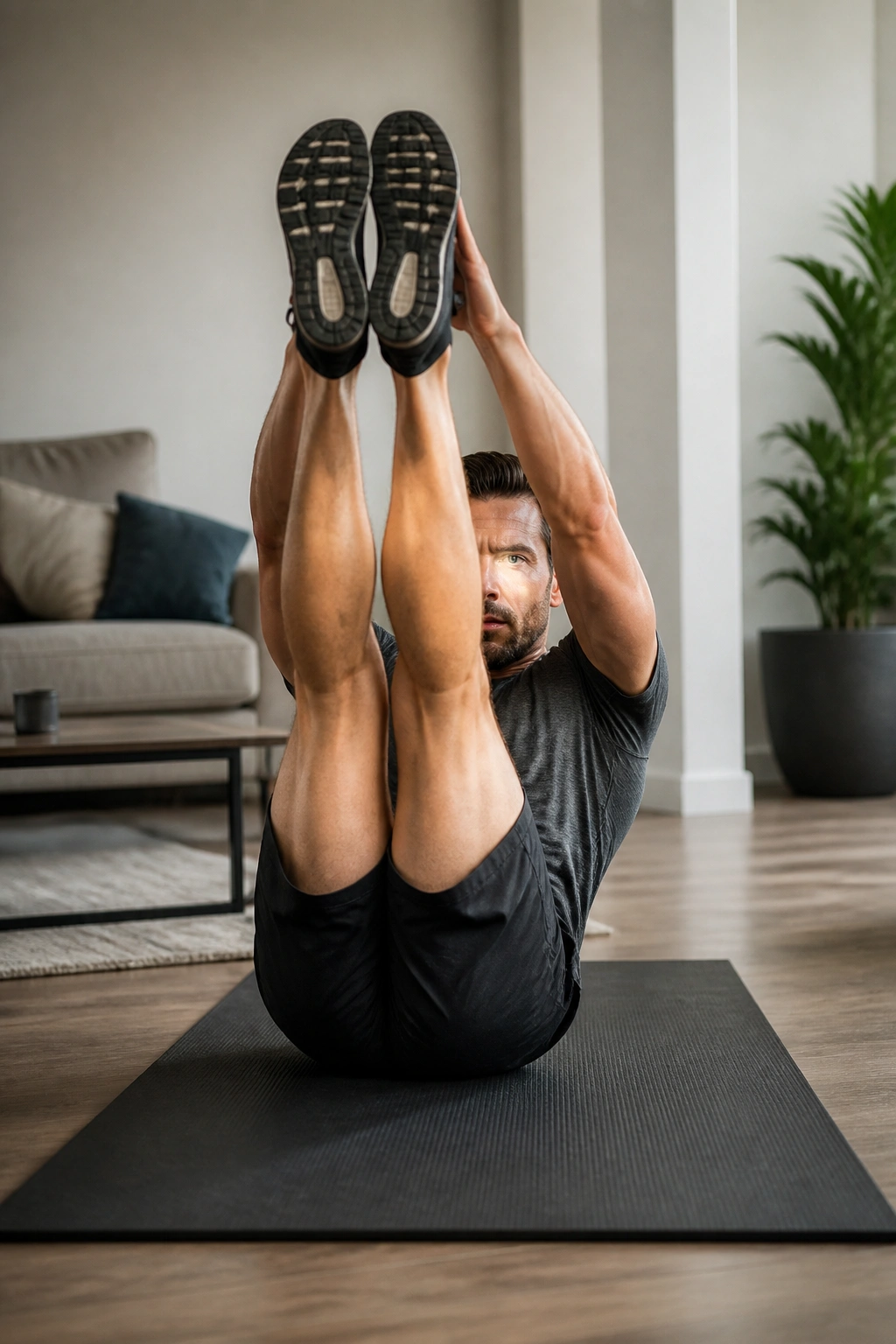 Medium close-up of V-Ups on a mat in a home workout